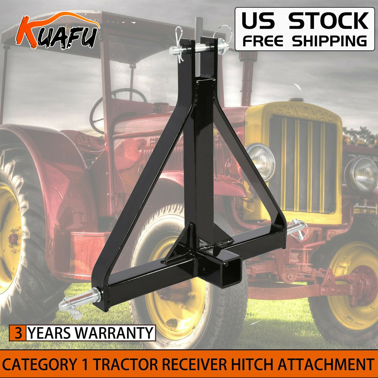 New 3 Point 2″ Receiver Trailer Hitch Drawbar Adapter Category One Tractor Black