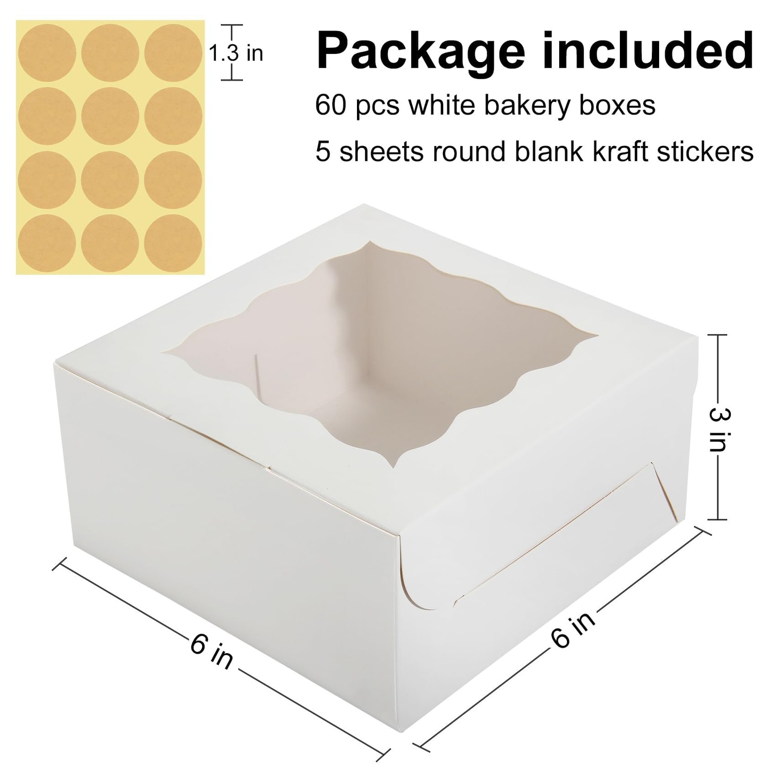 HawHawToys 60 Pcs Bakery Boxes with Window, 6 x 6 x 3 Inches, Large, White