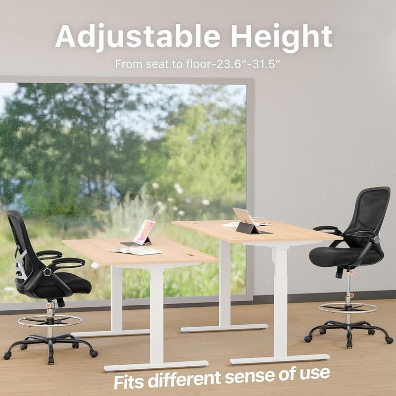 Drafting Chair High Back Ergonomic Stool Adjustable Footrest Flip Up Arms Mesh