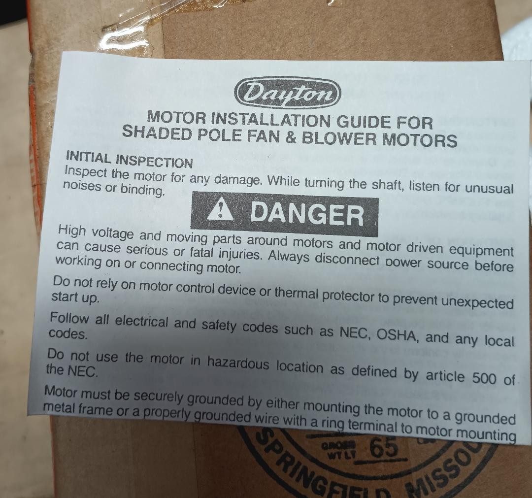 Dayton 3M540A HVAC Shaded Pole Motor 1/70HP 3000 Rpm 115V
