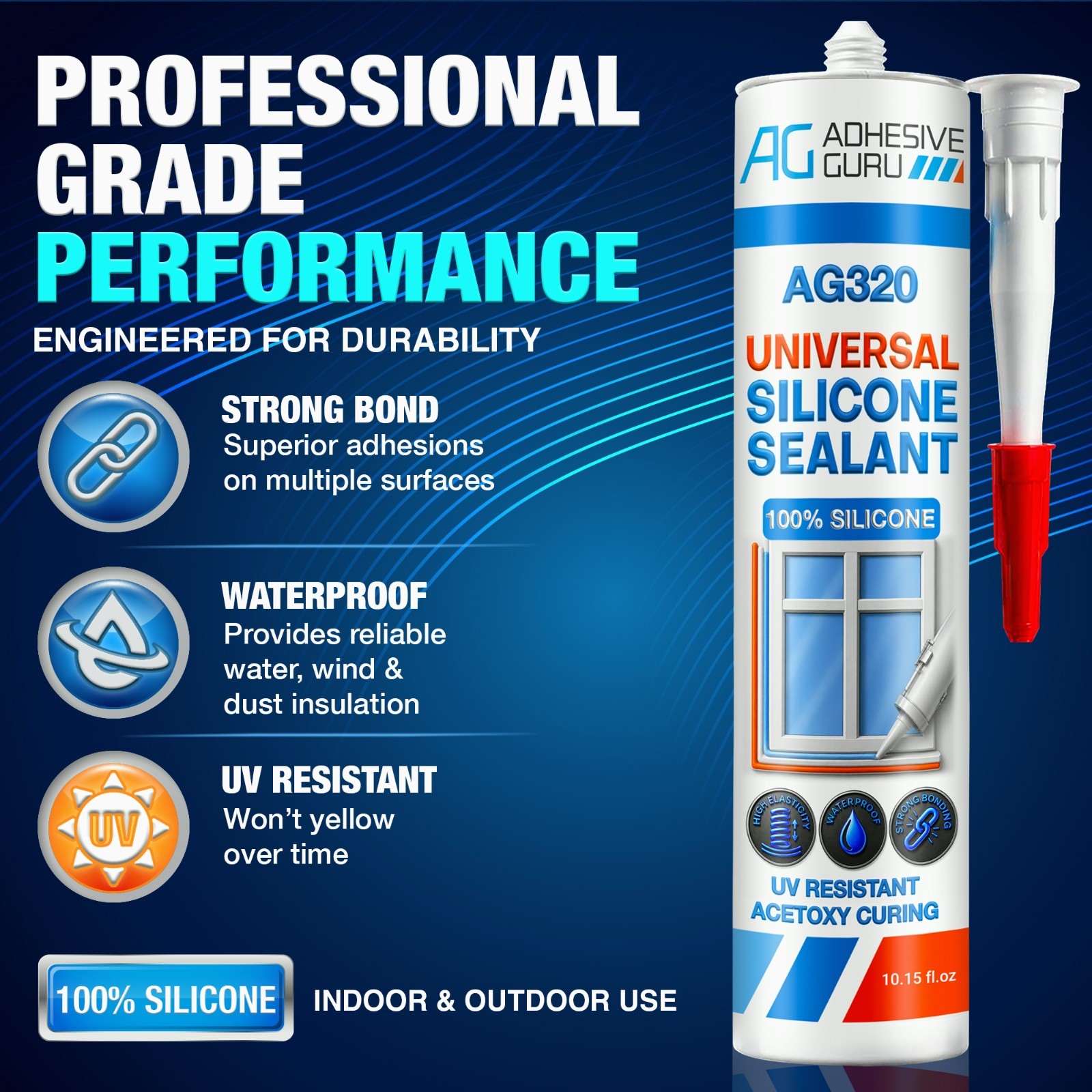 Adhesive Guru Universal Silicone Sealant Fast Cure, 10.15 fl.oz. 12 Pack