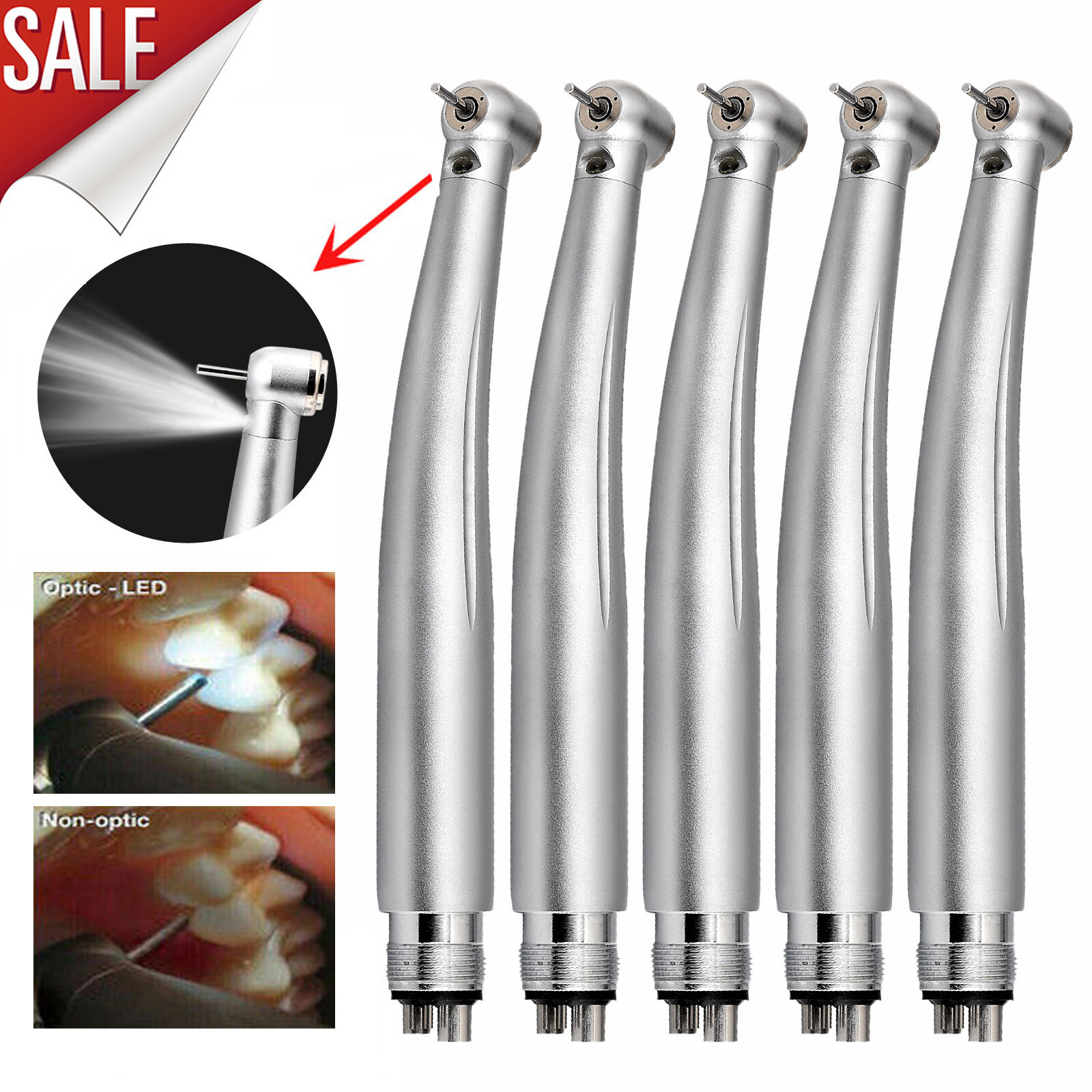 5Pcs E-generator LED Fiber Optic Dental High Speed Handpiece 4Hole 3 Water Spray