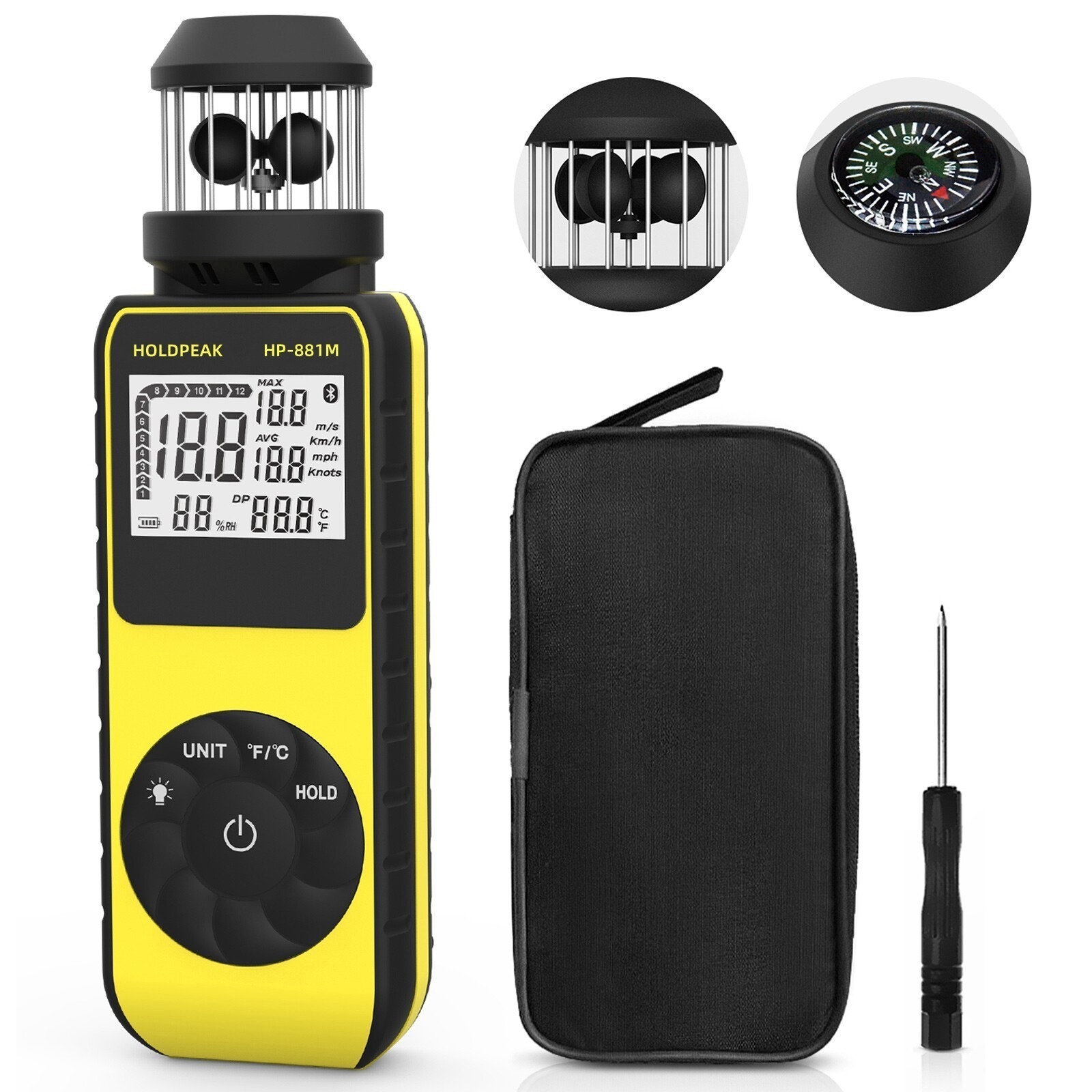 Cup Anemometer, Wind Speed/Temp, 5 Units Backlight Data Hold Max/Avg, Air Flow