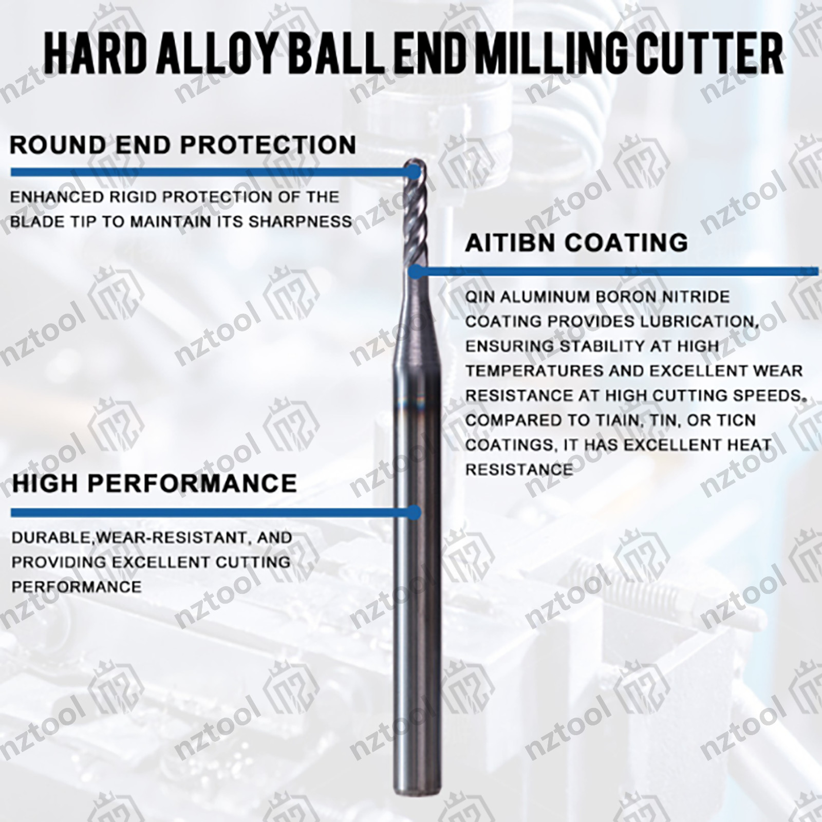10 PCS 1/16″ 4 Flute 1-1/2″ Overall Ball Nose Carbide End Mill AlTiN Coated