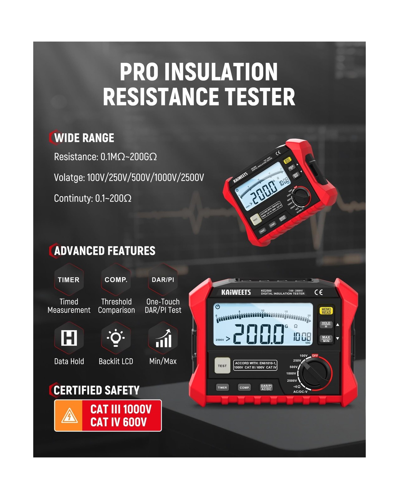 KAIWEETS Insulation Resistance Tester, Up to 200GΩ, Pro Megohmmeter, 5 Rang