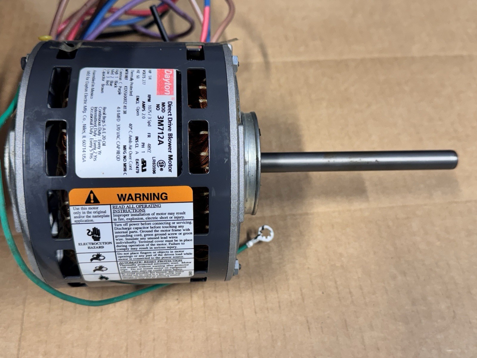 NOS DAYTON Direct Drive Blower MOTOR 3M712A 1/4HP 1075 RPM 3 Speed 1/2 Shaft