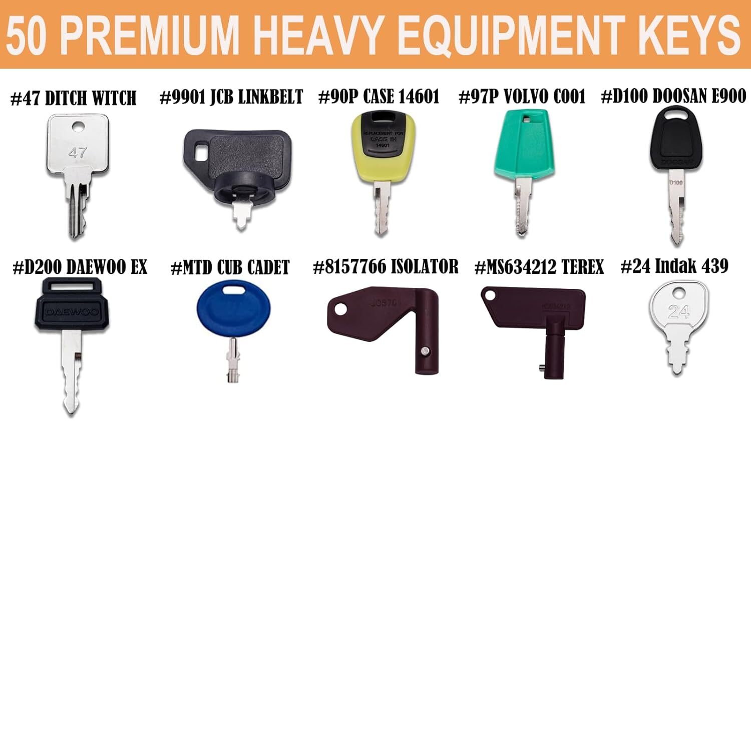 50 Heavy Equipment Keys Master Set Cat Case JD JCB Hyster Komatsu Kubota Volvo