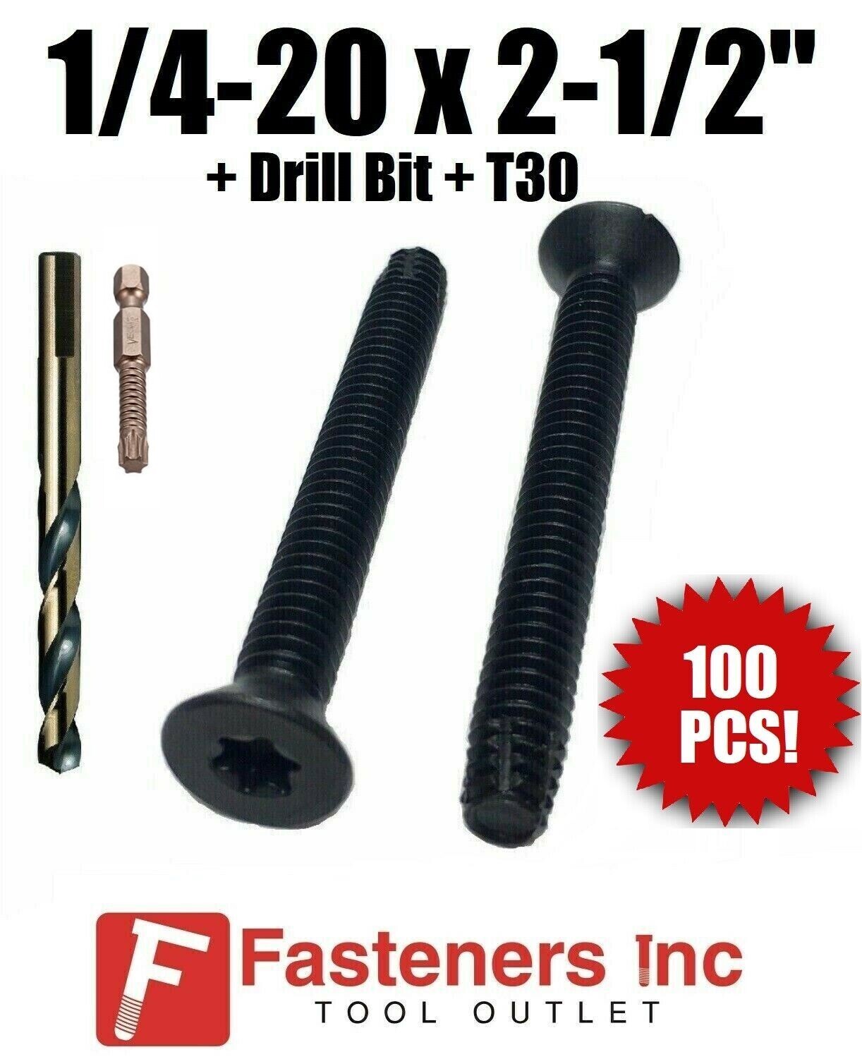 (Qty 100)1/4-20 x 2 1/2″Torx Trailer Flooring Floorboard Screws + DRILL BIT+T30
