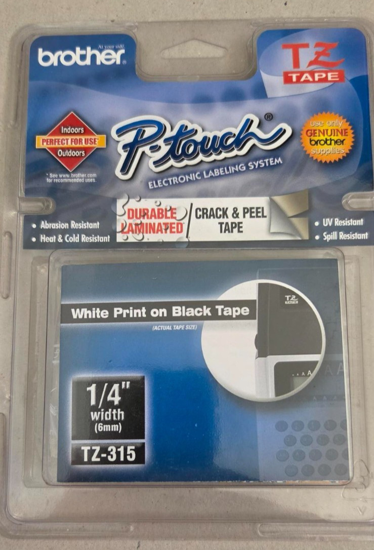 Brother TZe315 1/4″ 6mm white on black TZ Ptouch label tape TZ315
