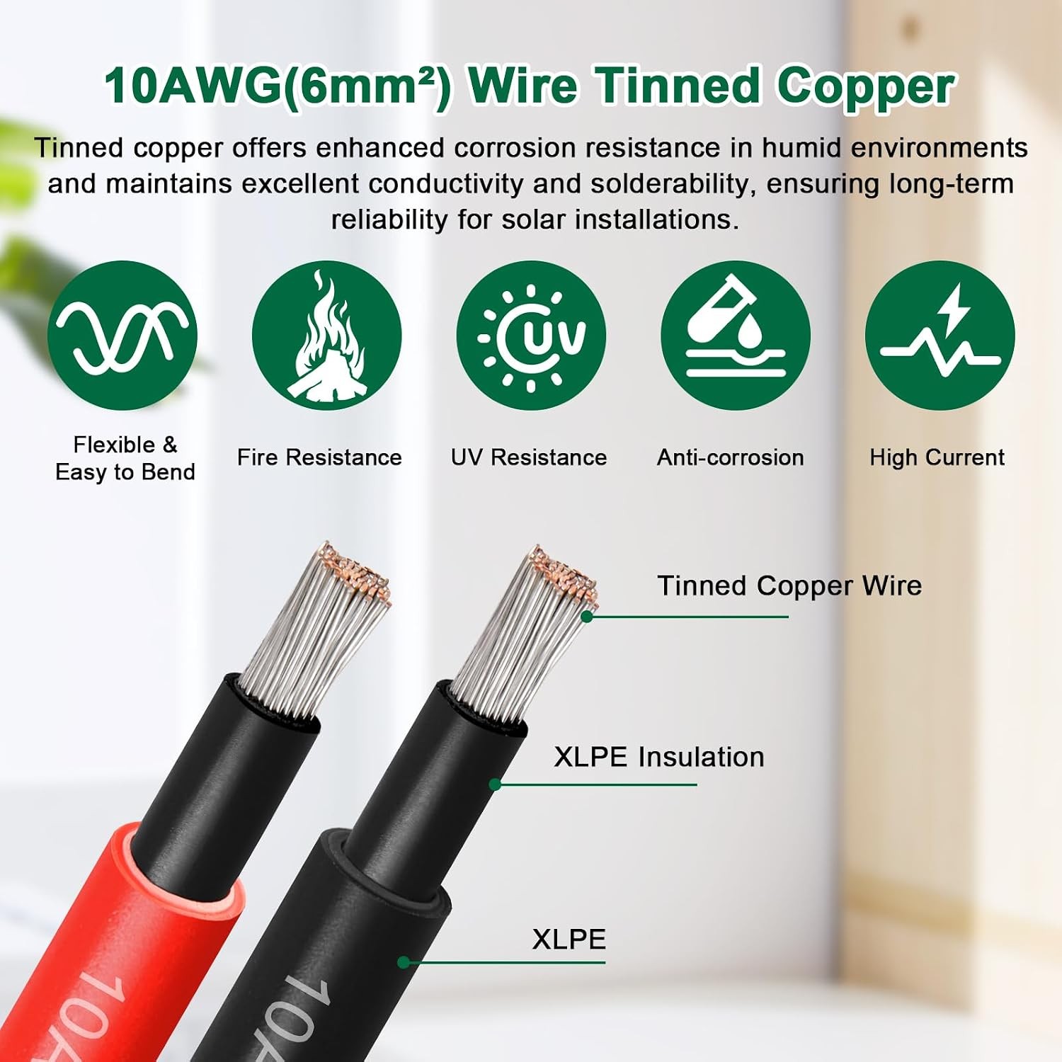 Solar Panel Wire 10 AWG(6mm²) – Solar Extension Cable 100Ft Black & 100Ft Red 10