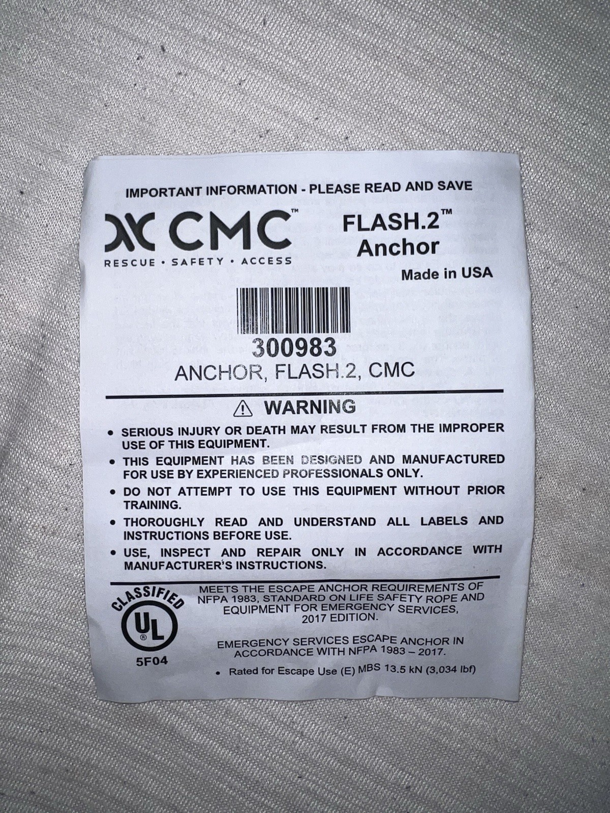 CMC LEVR Escape System Flash.2 Anchor Bailout Kit NFPA 1983 With Bag & Manual