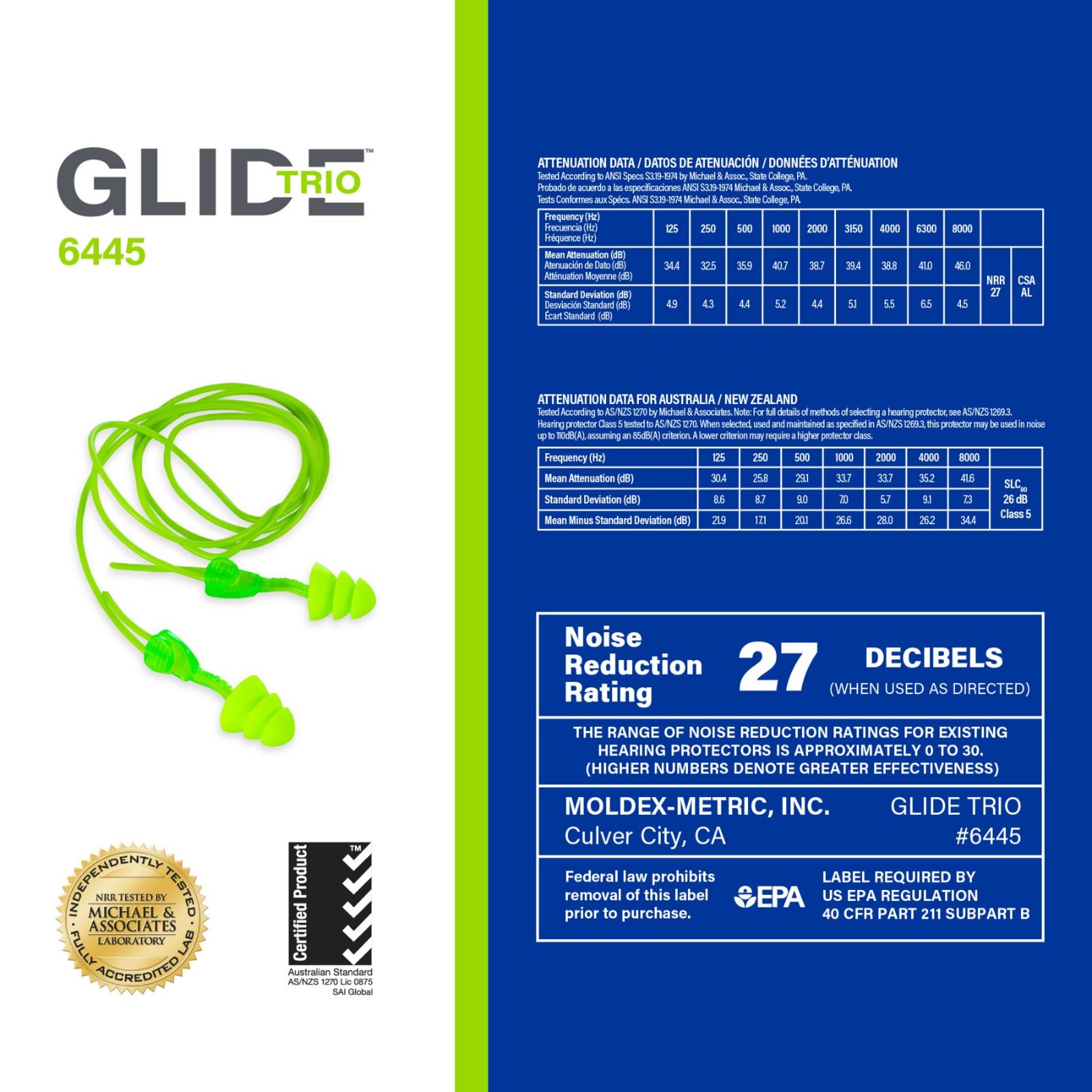 Moldex Glide Trio Corded Reusable Twist & Push-In Earplug 6445, NRR 27dB (50/Pr)
