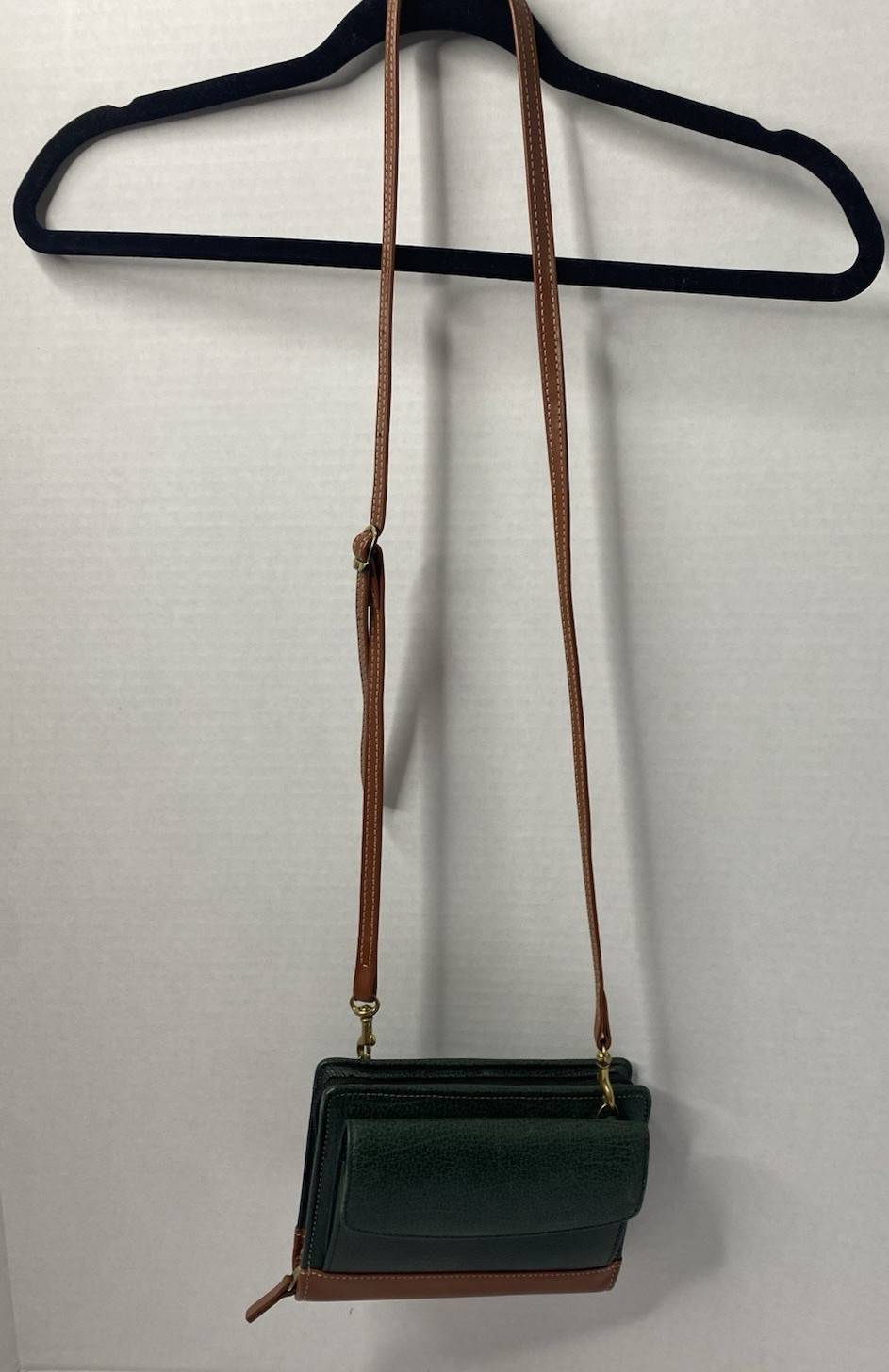 VINTAGE FRANKLIN QUEST ZIP PLANNER LEATHER GREEN/BROWN W/ADJ STRAP 6-1″ RINGS