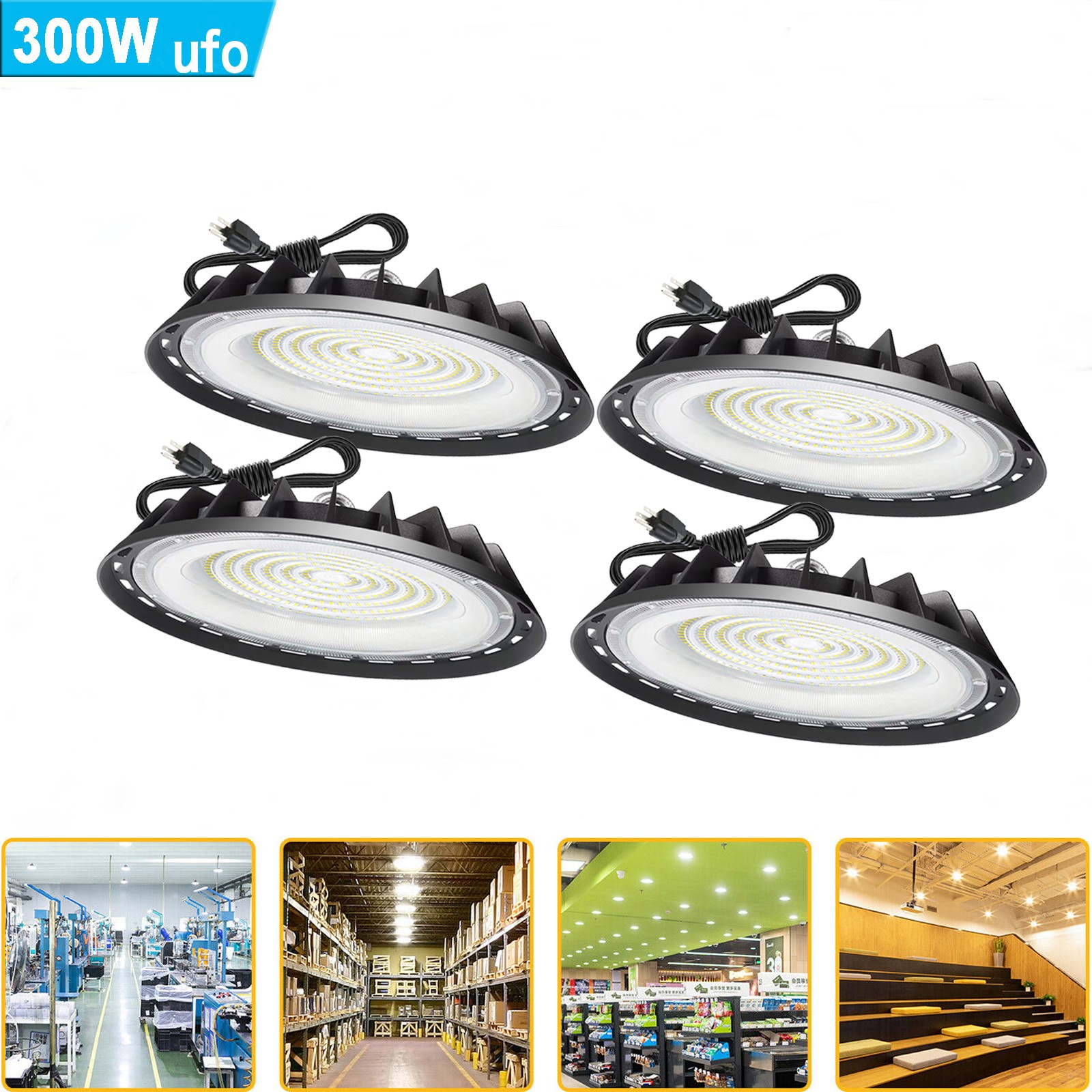 4 Pack 300W UFO Led High Bay Light Industrial Commercial Factory Warehouse 6000k