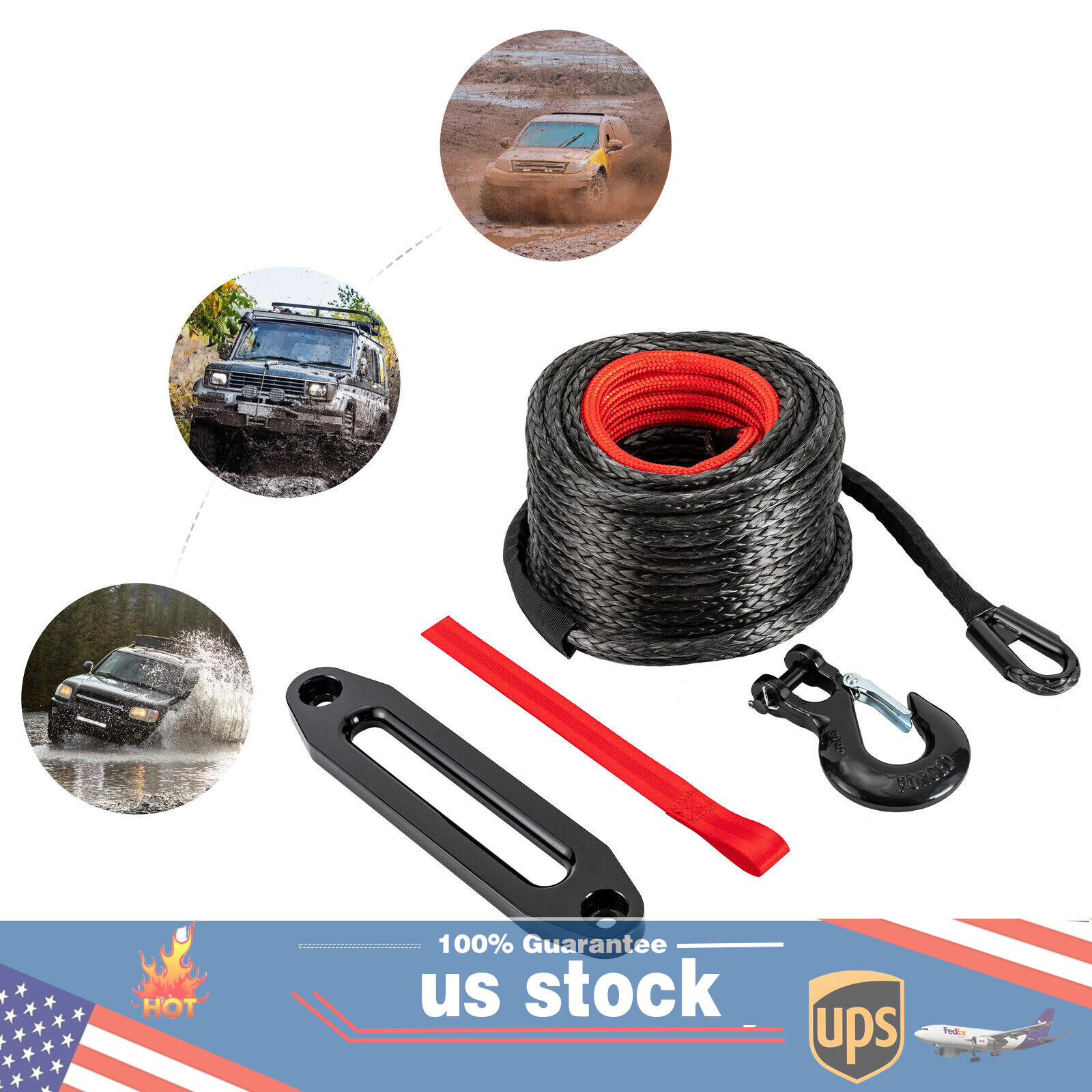 1/2″x92ft Synthetic Winch Line Cable Rope With Sleeve + Winch Hook For ATV UTV