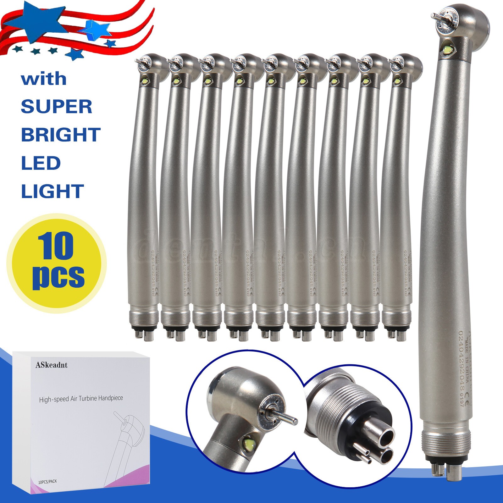 10 NSK Style Dental Hi Speed Handpiece Fiber Optic LED E-generator Turbine 4Hole