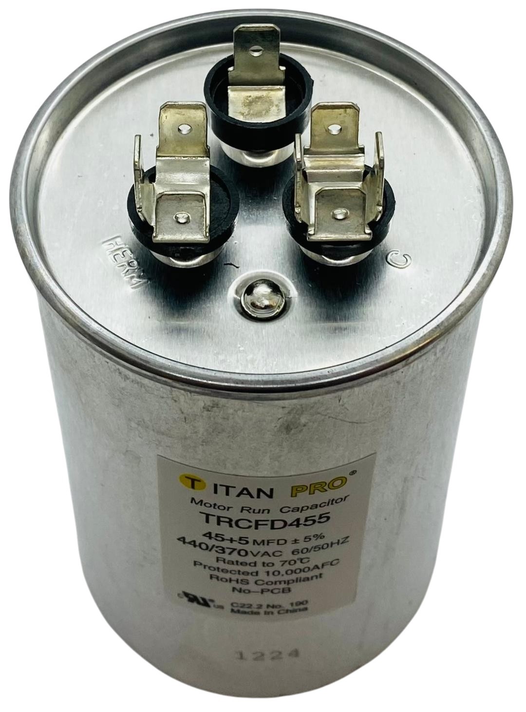 Packard Titan Pro Run Capacitor, Round, 45+5 Mfd, 440-370V, TRCFD455