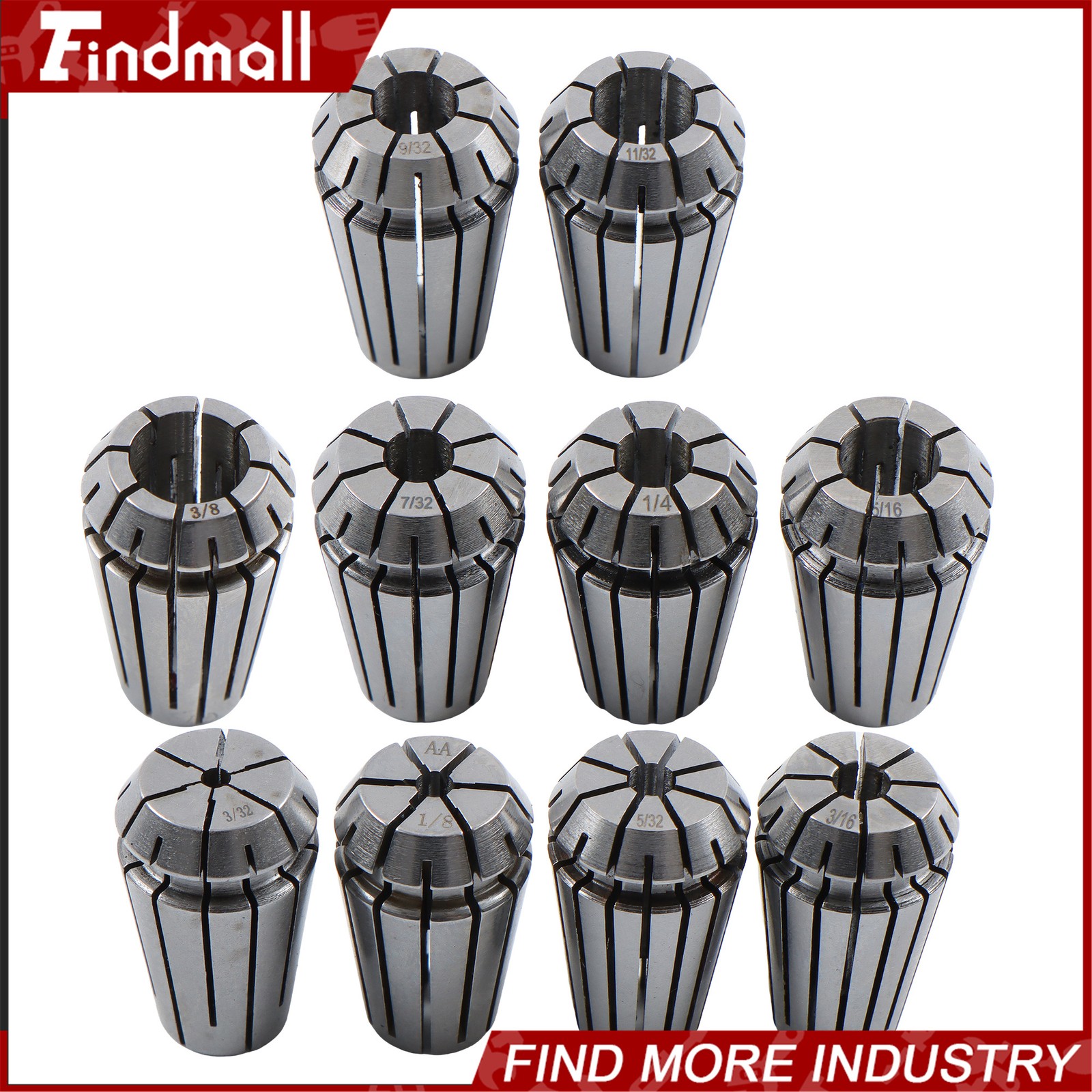 Findmall ER16 Collet Set 10 Pack Precision 3/32 to 3/8 Inch by 32nds 0.0002 TIR
