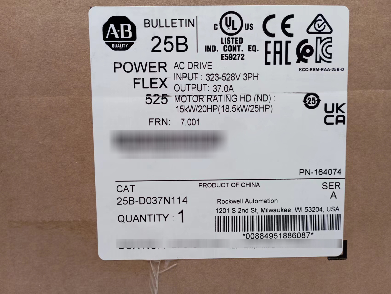 25B-D037N114 Allen-Bradley PowerFlex 525 15KW 20HP AC Drive In Box 25BD037N114