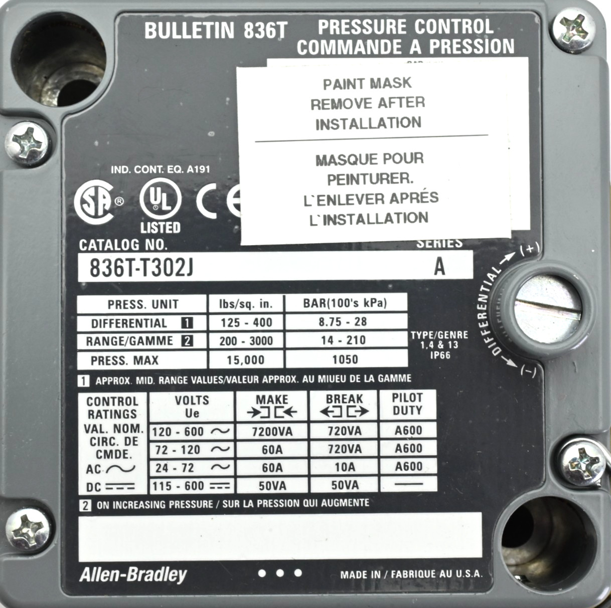 Allen Bradley 836T-T302J /A Pressure Control Switch 200-3000PSI 60A 600V