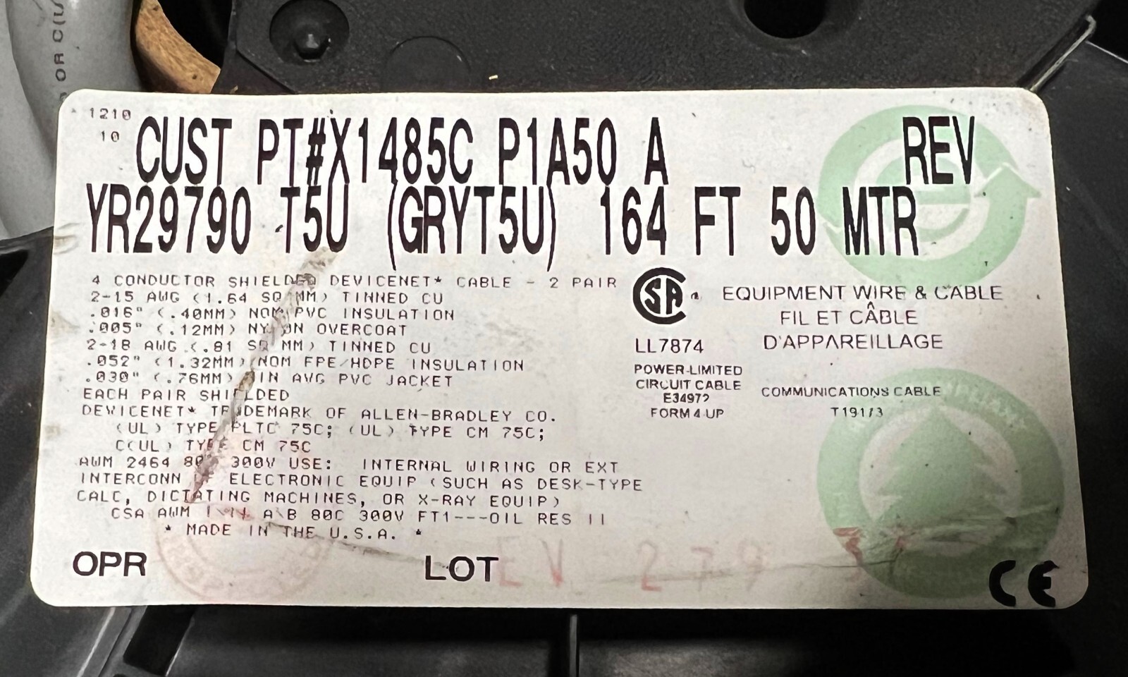 164ft 50m Belden Allen Bradley 1485C DeviceNet 15/1pr+18/1pr Trunk Cable Gray