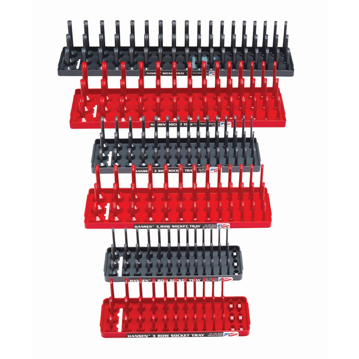 Hansen Global 6 Piece 3 Row Socket Tray Set – Red/Grey 92013