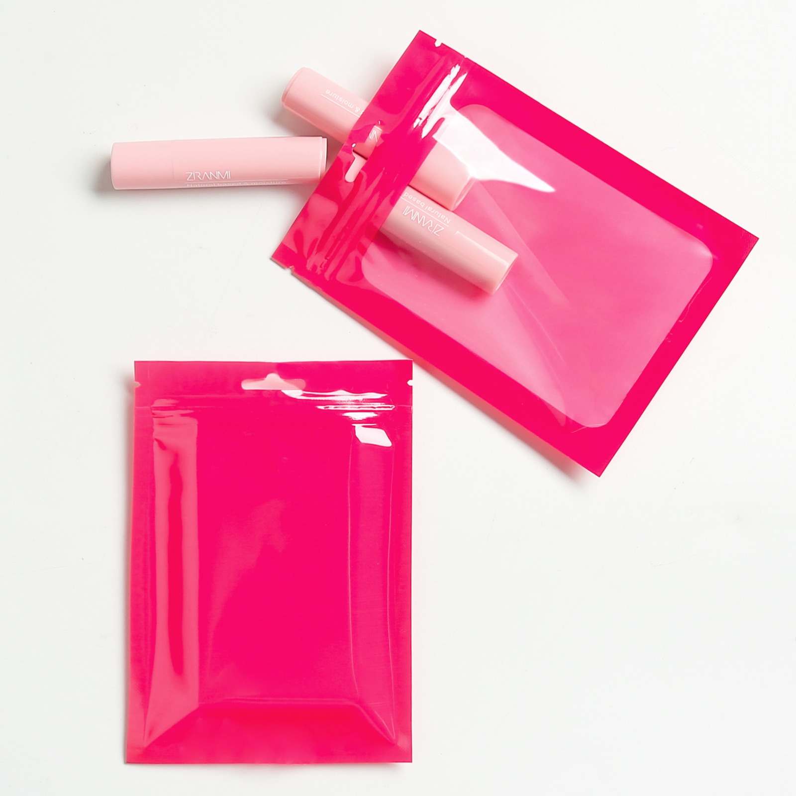 100 Clear Window Glossy Pink Flat Beauty Storage Zipper Pouch w. Hang Hole