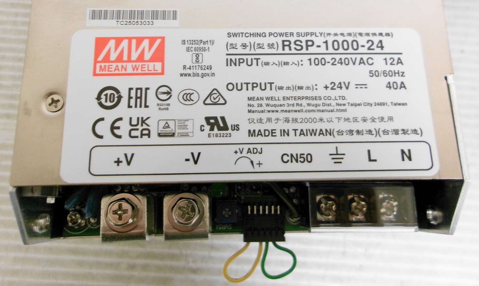 Mean Well RSP-1000-24 Switching Power Supply In 100-240VAC 12A Out 24VDC 40A