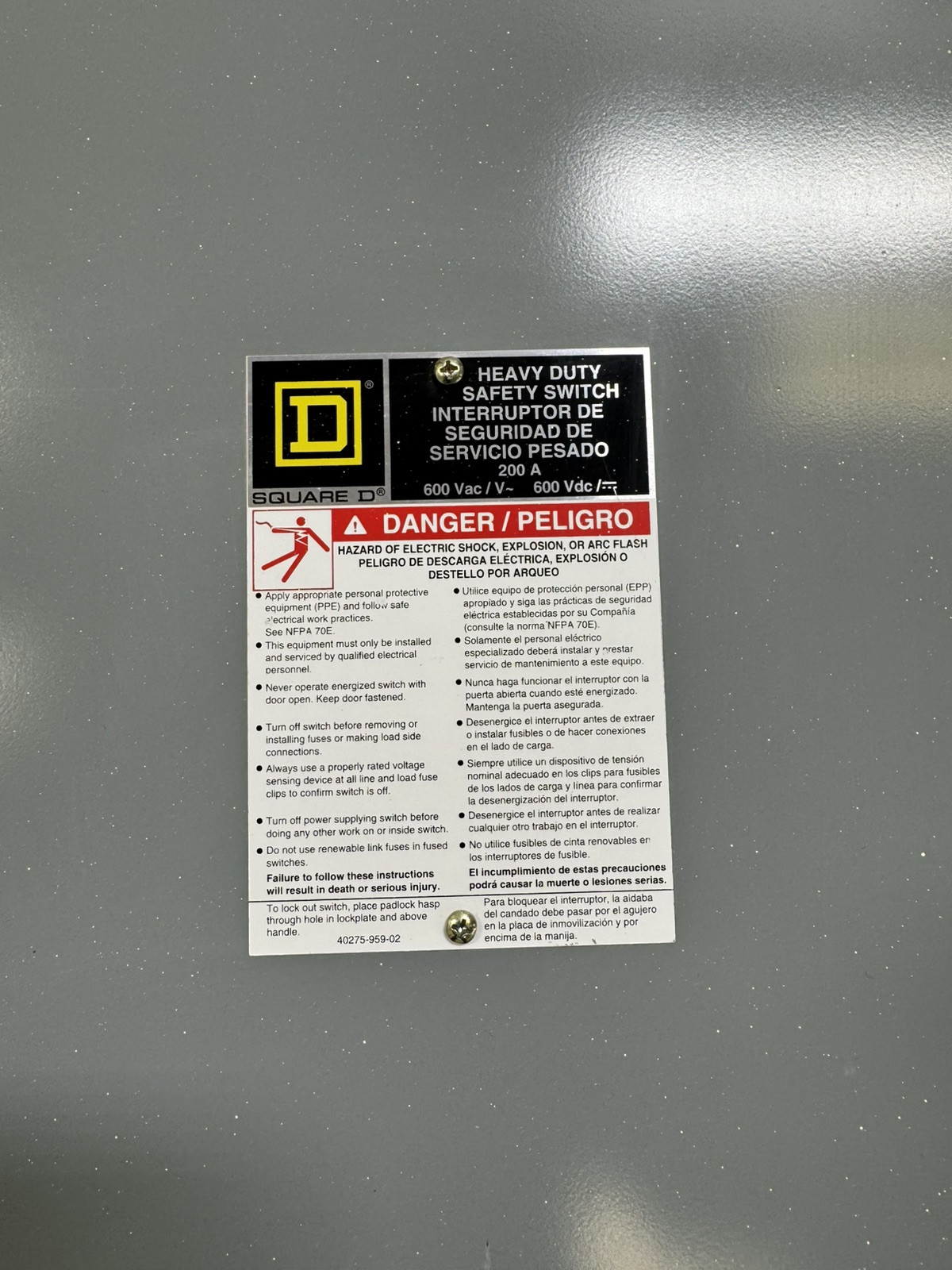 SQUARE D HU364 200 AMP 600V 3 POLE NEMA 1 NON FUSED DISCONNECT SAFETY SWITCH