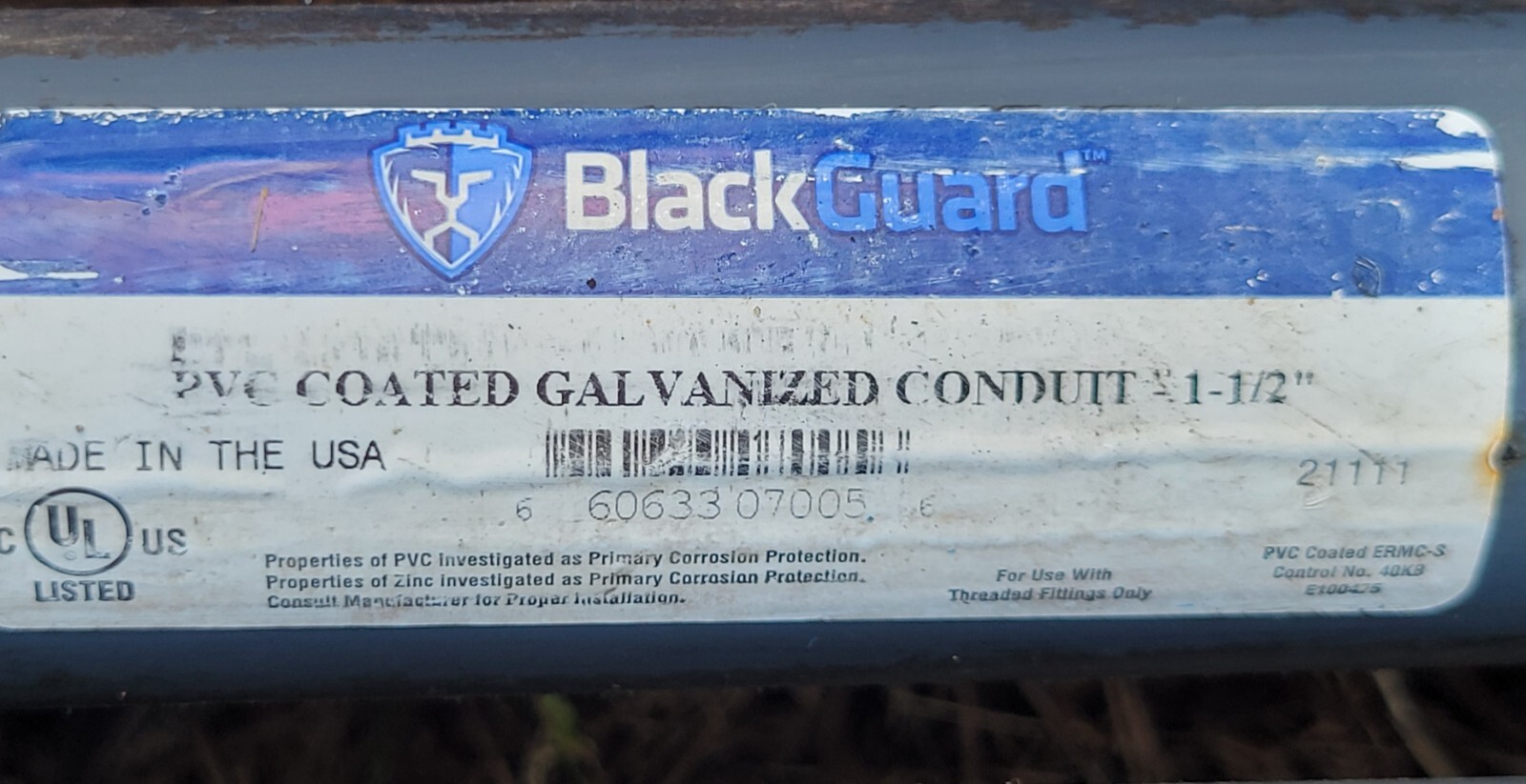 1 1/2″ PVC Coated Rigid Galvanized Conduit. BlackGuard Grey 1 1/2″x 10ft