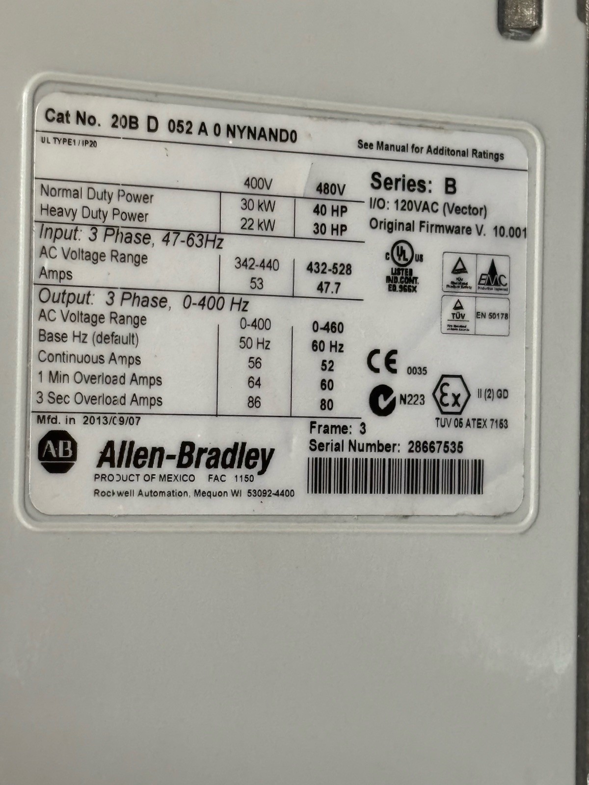 40HP 20BD052A0NYNANC0 20BD052A0AYNANC0 Powerflex 700 AC Drive MFG 2013 / Low Hrs