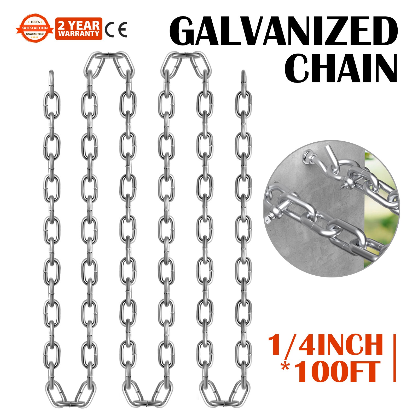 VEVOR 1/4″ 100′ Proof Coil Chain Zinc Plated Galvanized Towing Guard Rails G30