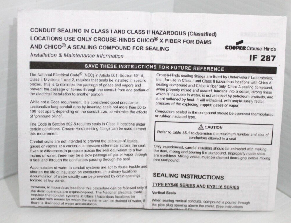 ⭐NEW IN BOX⭐ONE EATON CROUSE-HINDS EYS56 1-1/2″ CONDUIT FITTING SEALOFF