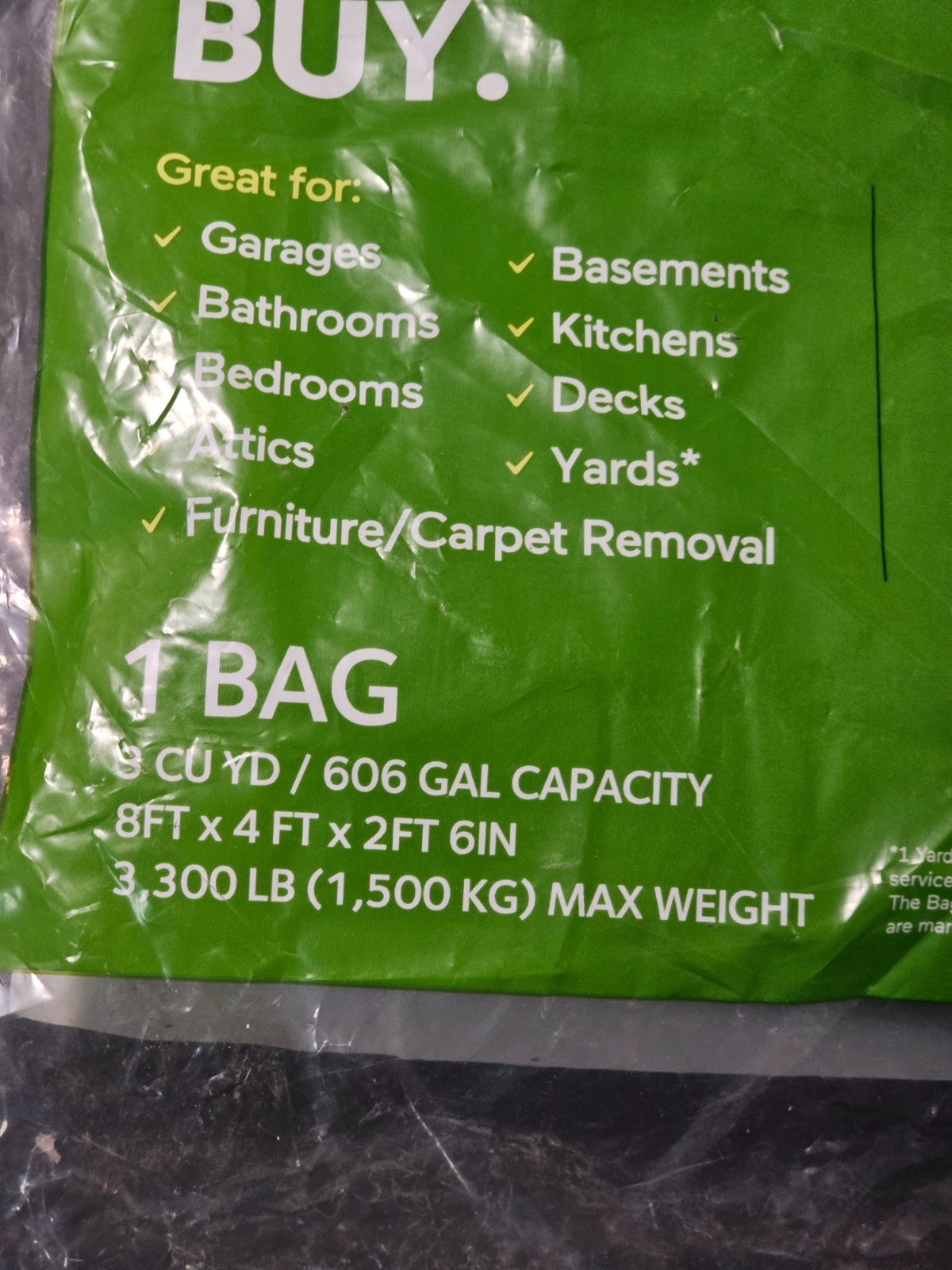 Bagster 3CUYD Trash Container Bag With a Capacity Of Up to 3,300 Pounds, Green