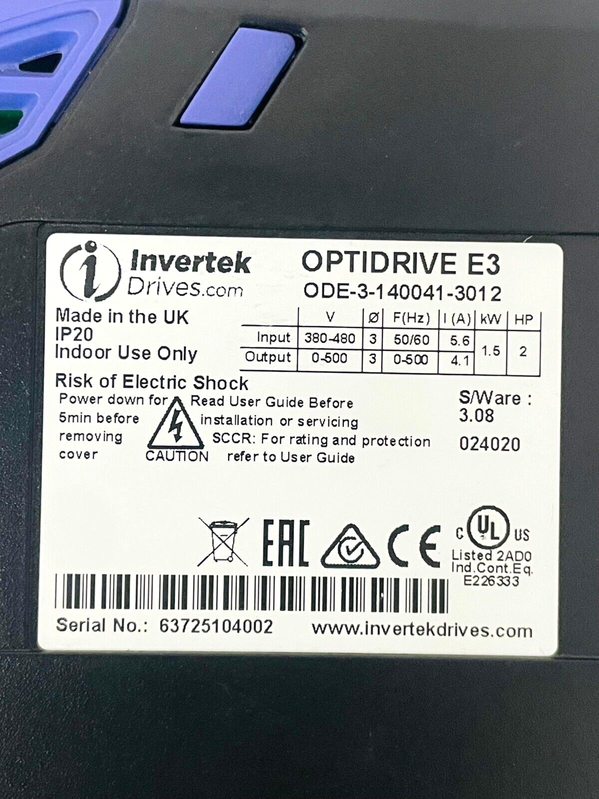 INVERTEK OPTIDRIVE ODE-3-140041-3012 Variable Frequency Drive 1.5KW