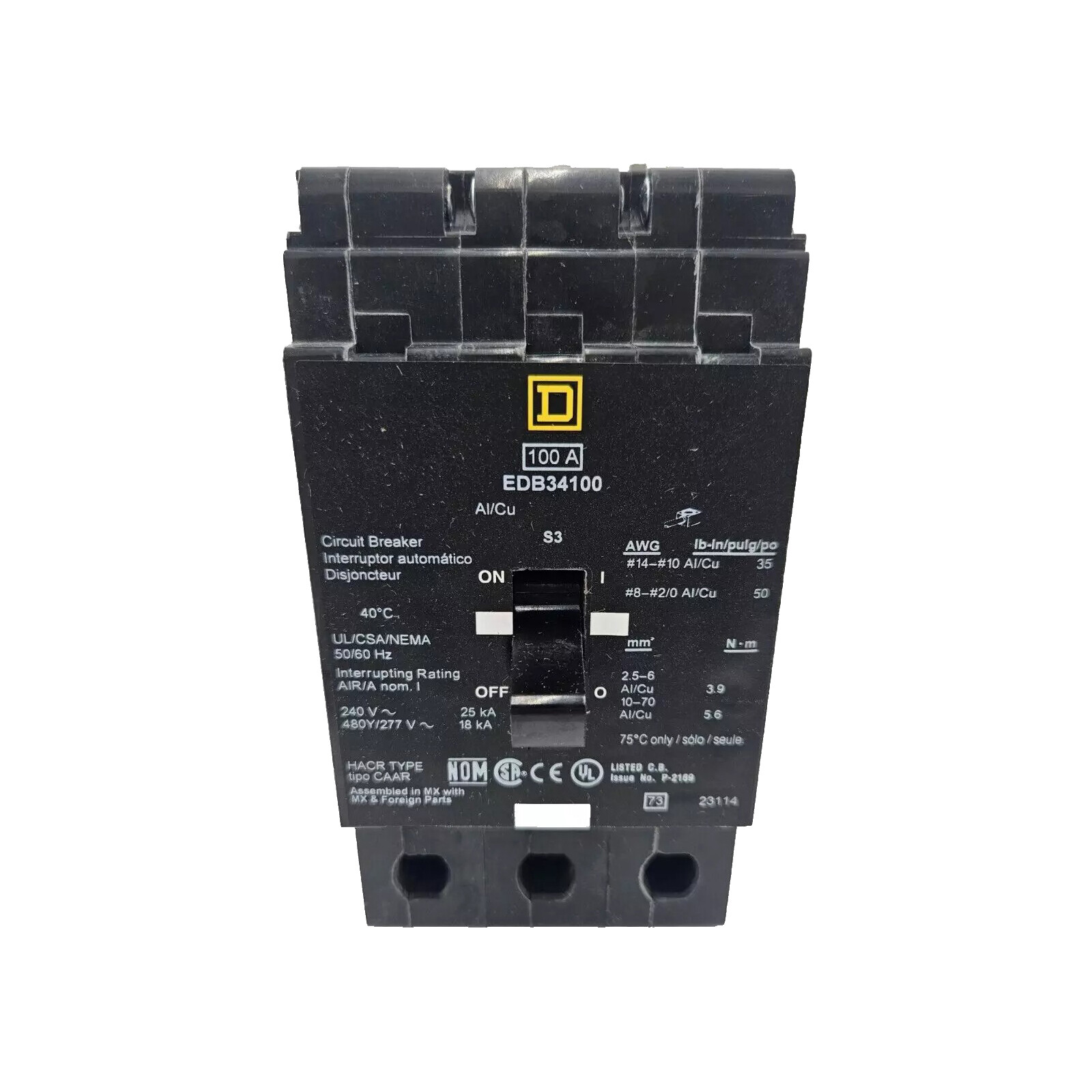 NIB – Square D – EDB34100 – Mini Circuit Breaker, 100A, 3 Pole, 480Y/277 Vac