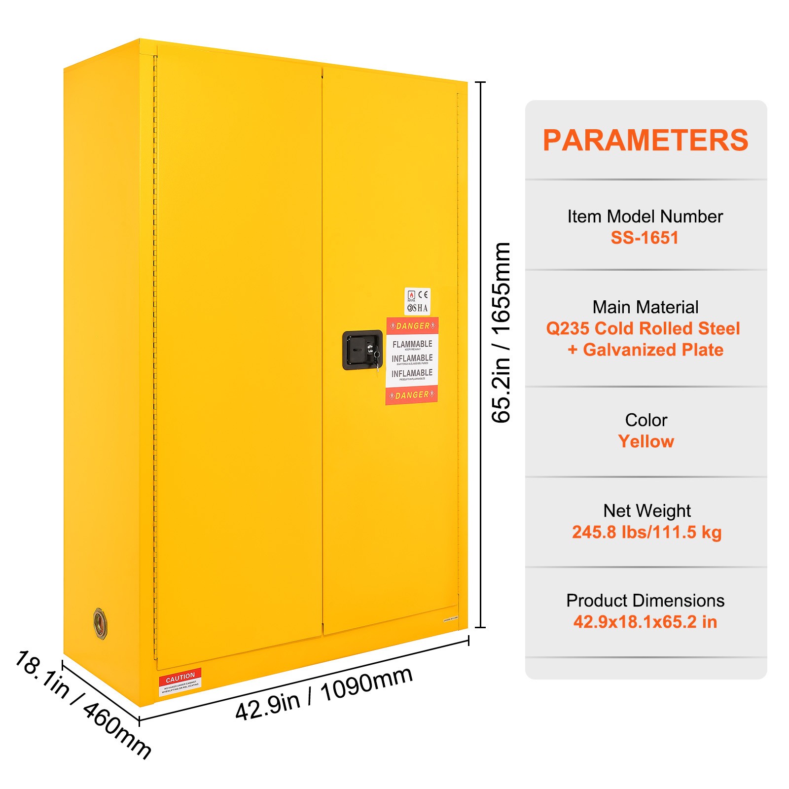 Flammable Safety Cabinet Liquid Storage 45 Gal 42.9×18.1×65.2 in Cabinet