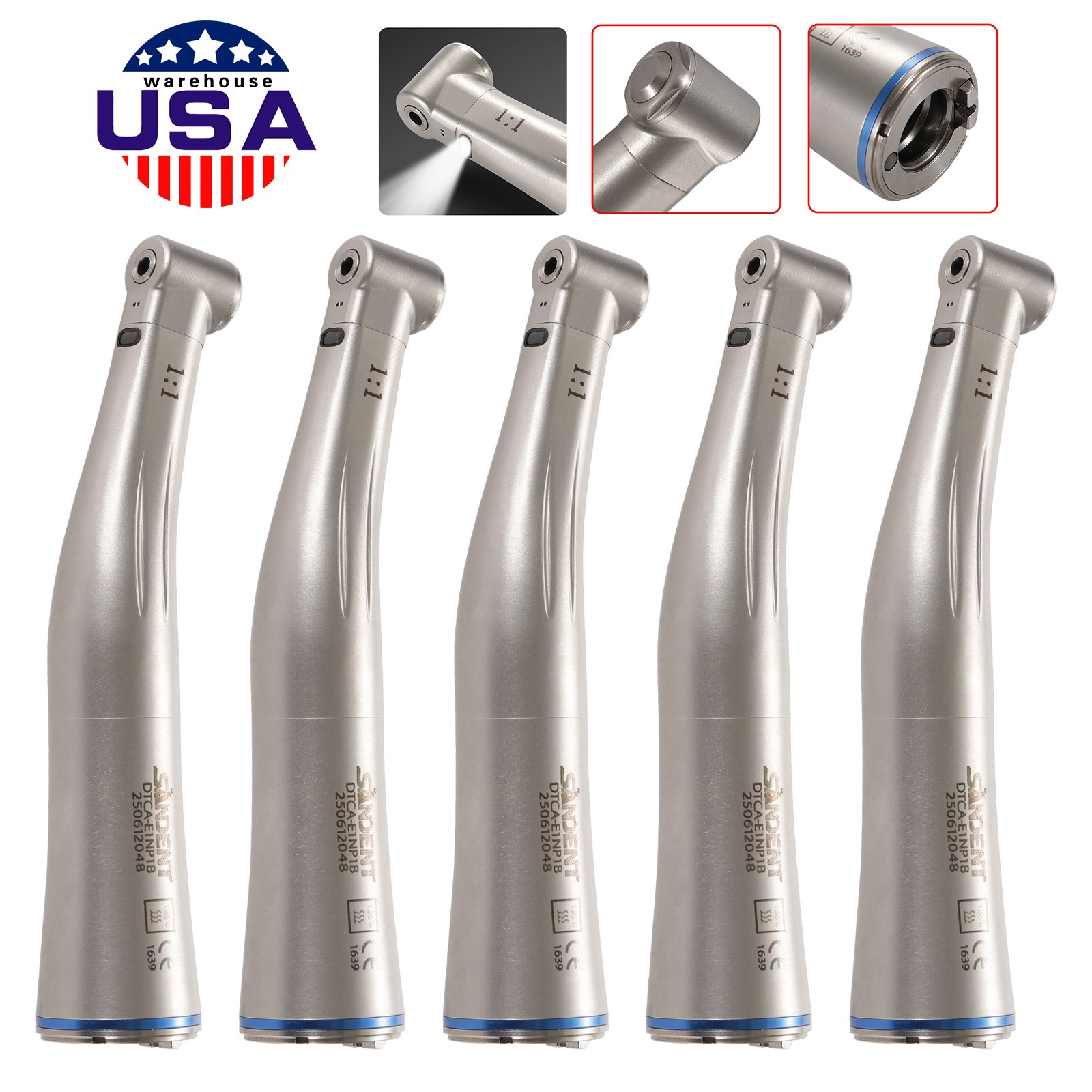 1-5 SANDENT LED Dental 1:1 Fiber Optic Contra Angle Low Speed Handpiece NEW