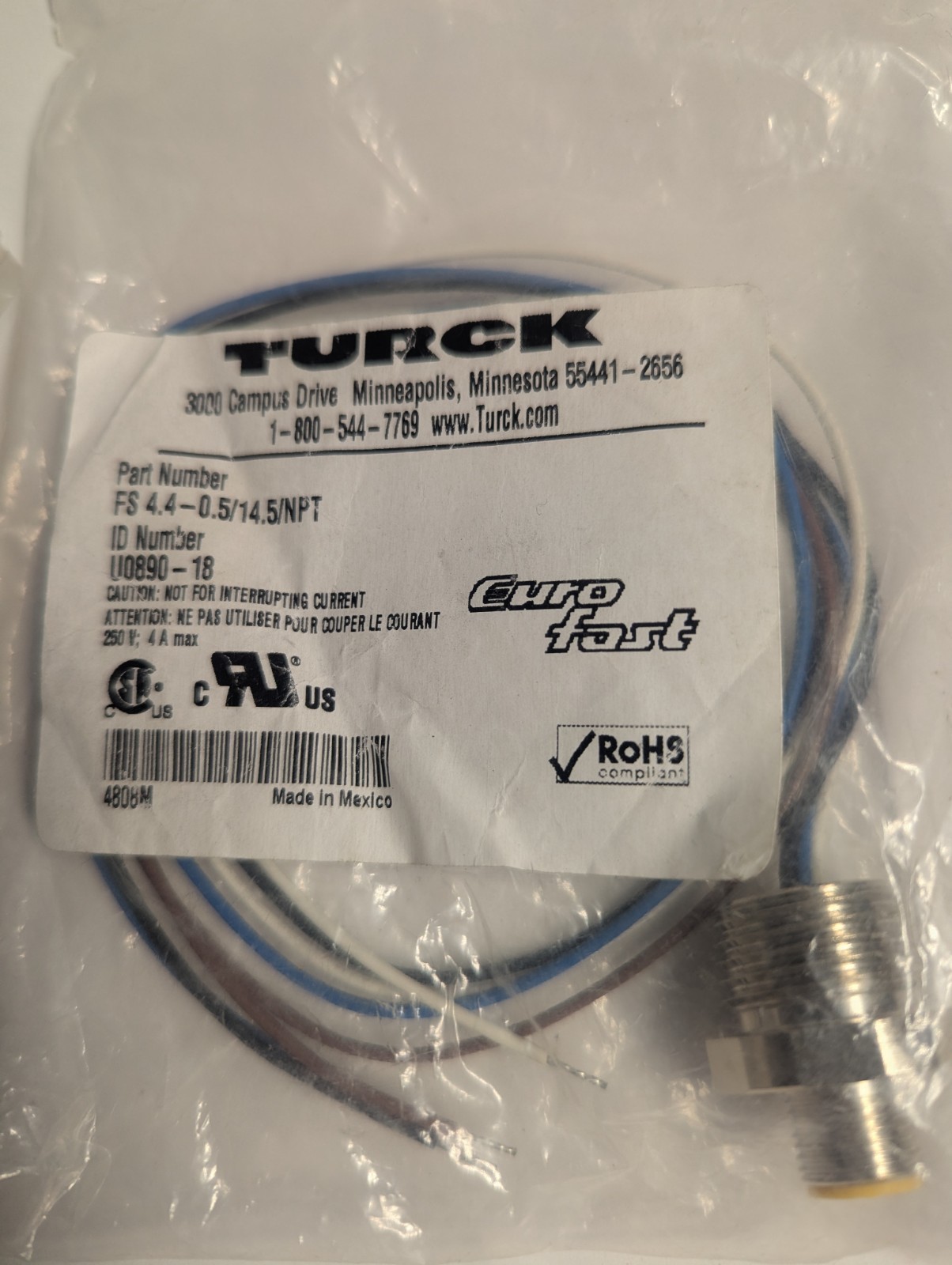NEW LOT OF 2 GENUINE TURCK FS 4.4-0.5/14.5/NPT EURO FAST CONNECTOR U0890-18