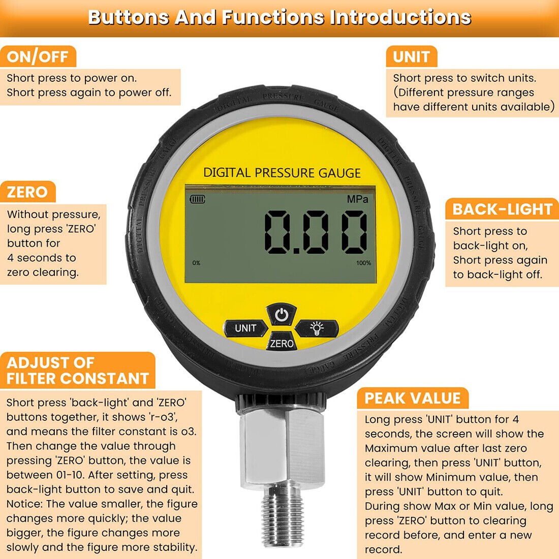 700BAR Digital Hydraulic Pressure Gauge Manometer 1/4″ NPT Connector 10000 PSI