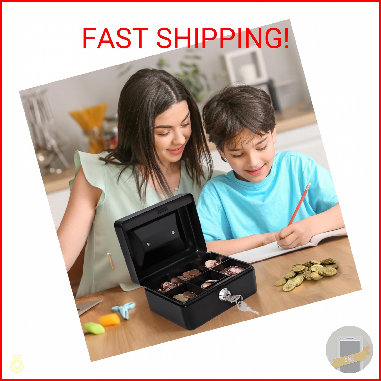 Small Cash Box with Money Tray and Lock, Metal Cash Lock Box with Key, Petty Cas