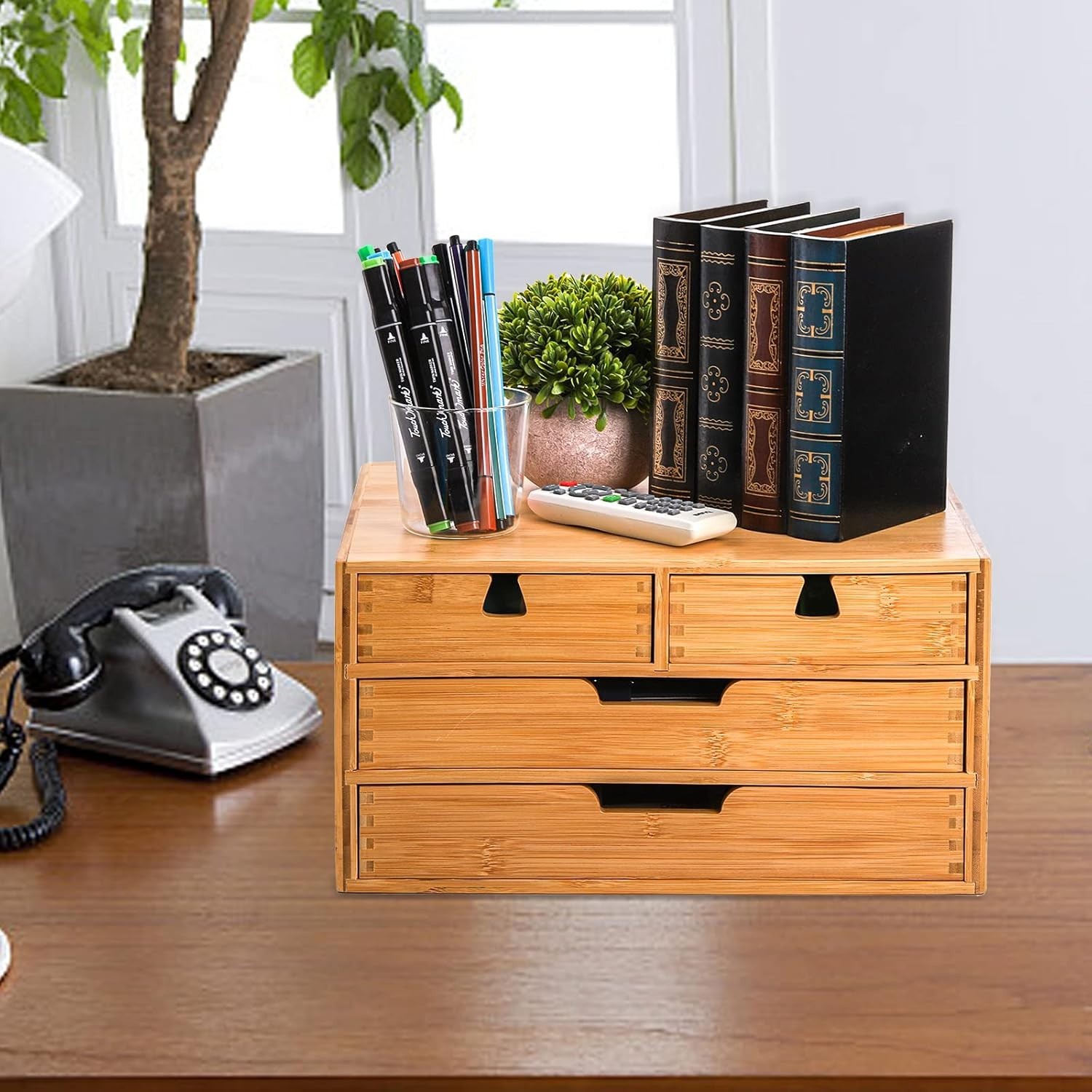 Bamboo Desk Organizer, Natural Bamboo Desktop Storage Box with 4 Drawers