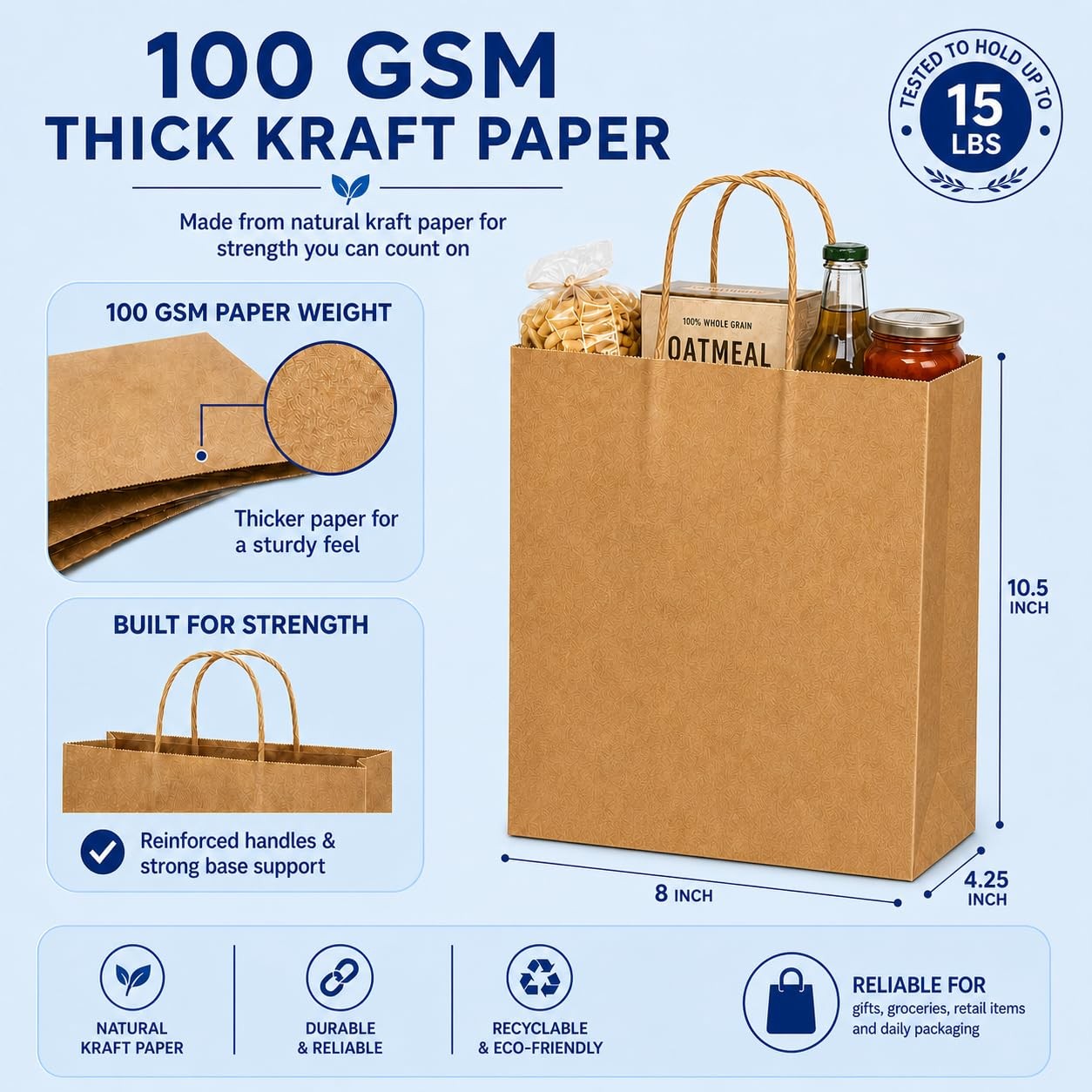 MESHA Brown Paper Bags with Handles, 100 Pack, 8 1 count (Pack of 100), Kraft