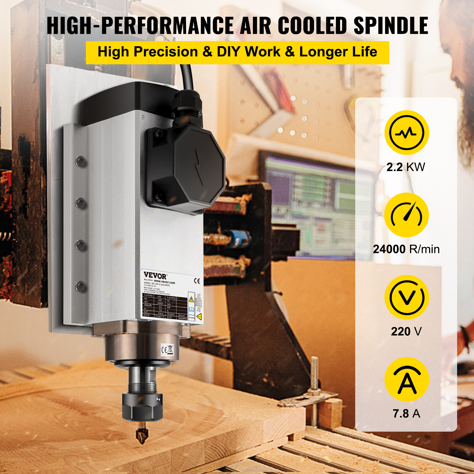 VEVOR Square CNC Spindle Air Cooled Motor 2.2KW 220V ER20 Collet Ceramic Bearing