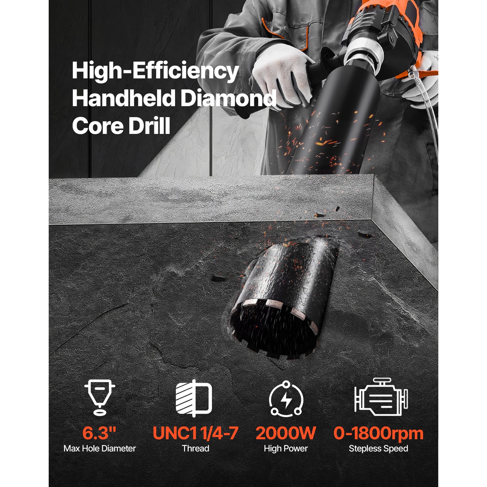 Diamond Core Drill Machine Handheld Concrete Core Drill Rig 6.3 in 2000W