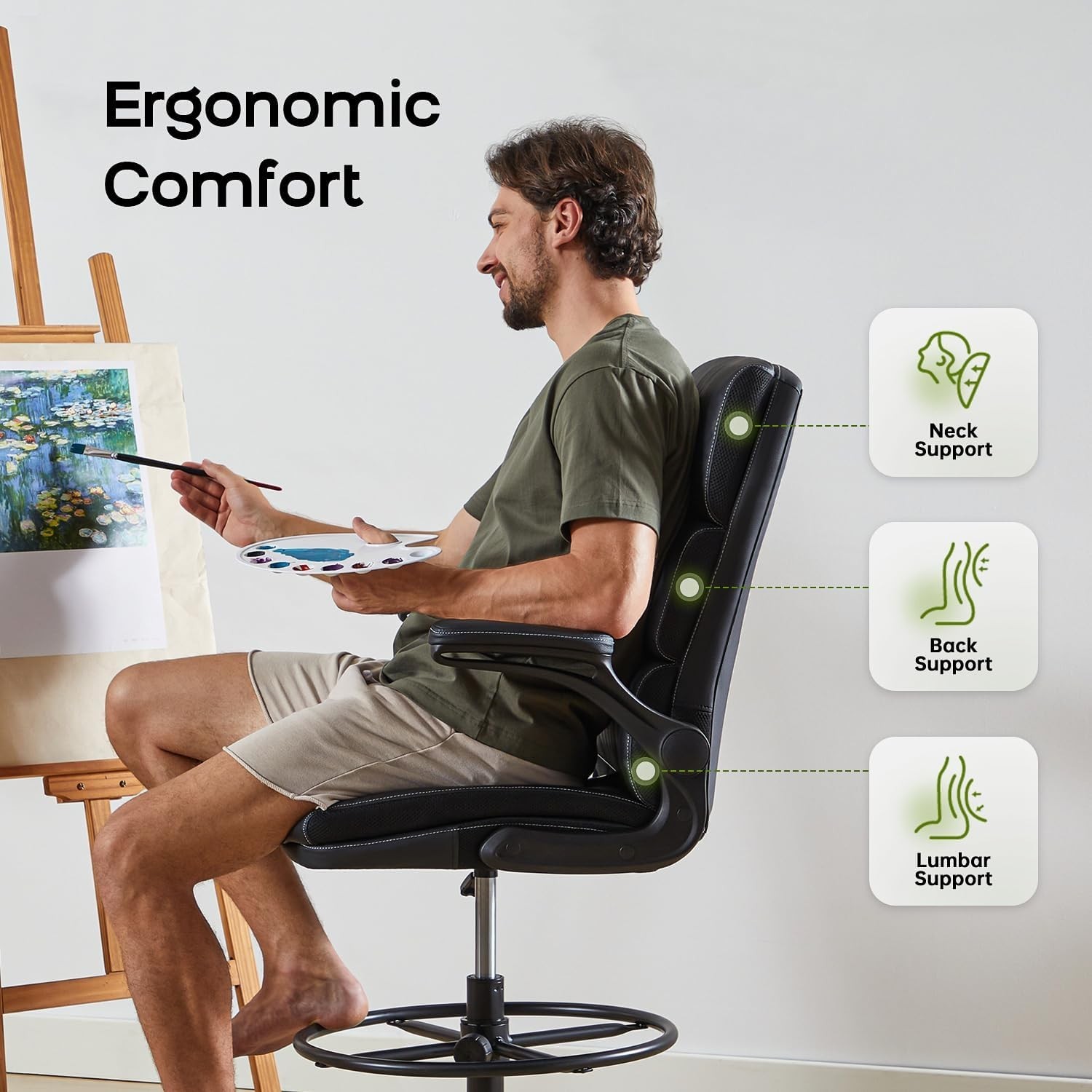 Drafting Chair Tall Office Chair with Padded Flip-up Armrests Executive Ergon…
