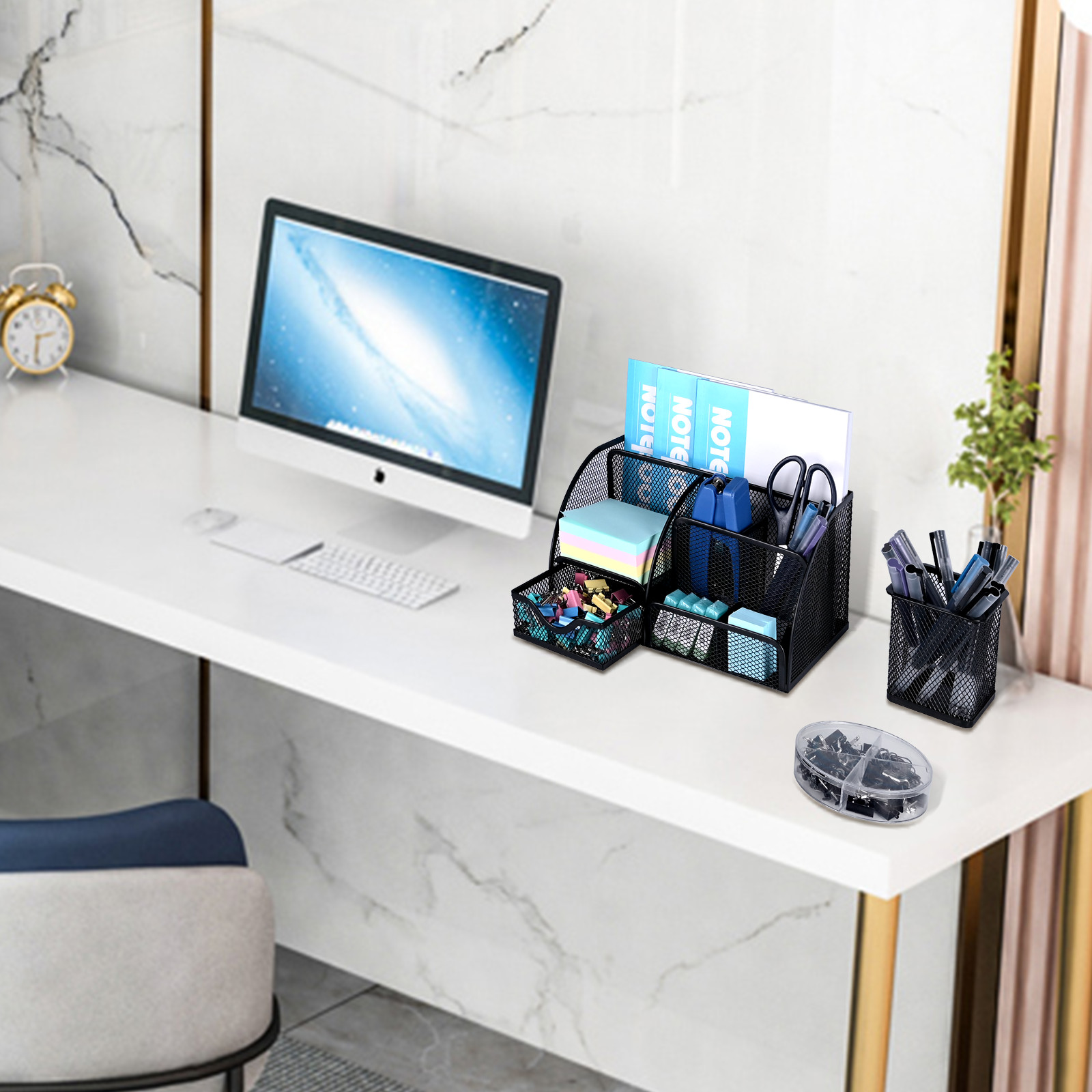 6 Compartment Mesh Desk Organizer Drawer Pen Holder Office School Supply Set
