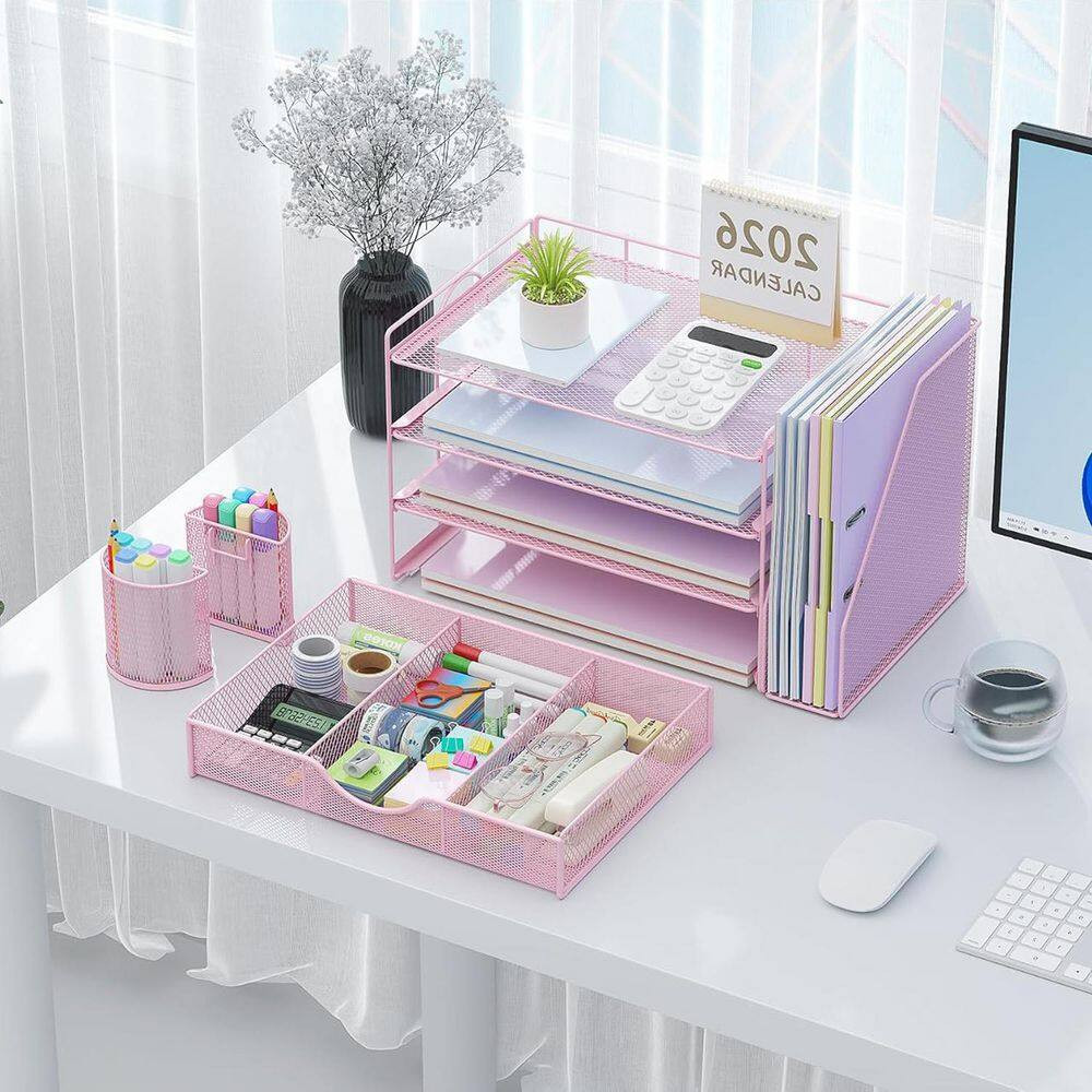 Pink 15.5 In. X 9.2 In. Metal Modern Desk File Holder with Drawer and 2 Pen Hold