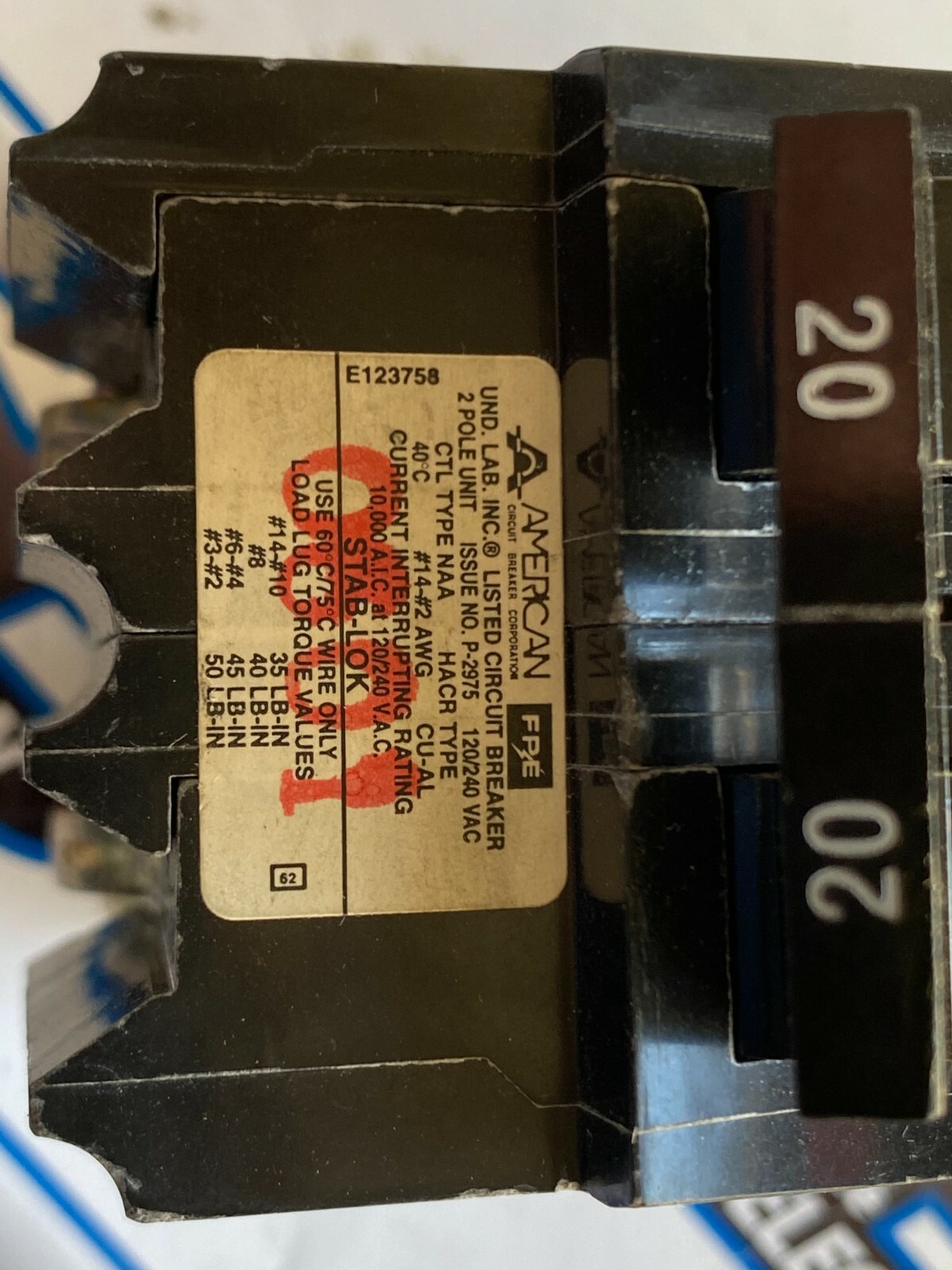 American NA220, 20 Amp, 240 Volt, 2 Pole, Circuit Breaker- NEW-S