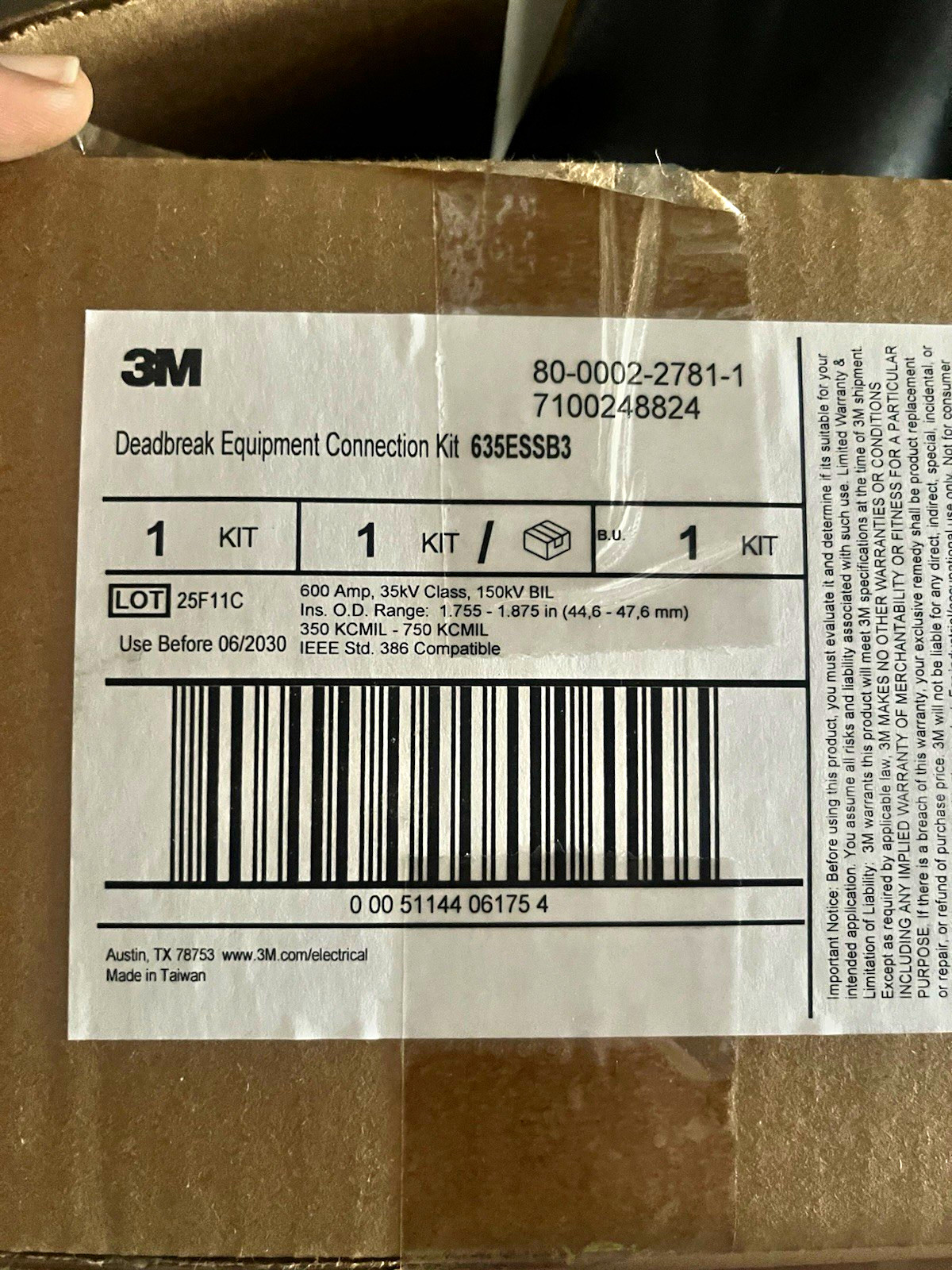 3M Deadbreak Equipment Connection Kit Brown In-Line 350-750 KCMIL 635ESSB3
